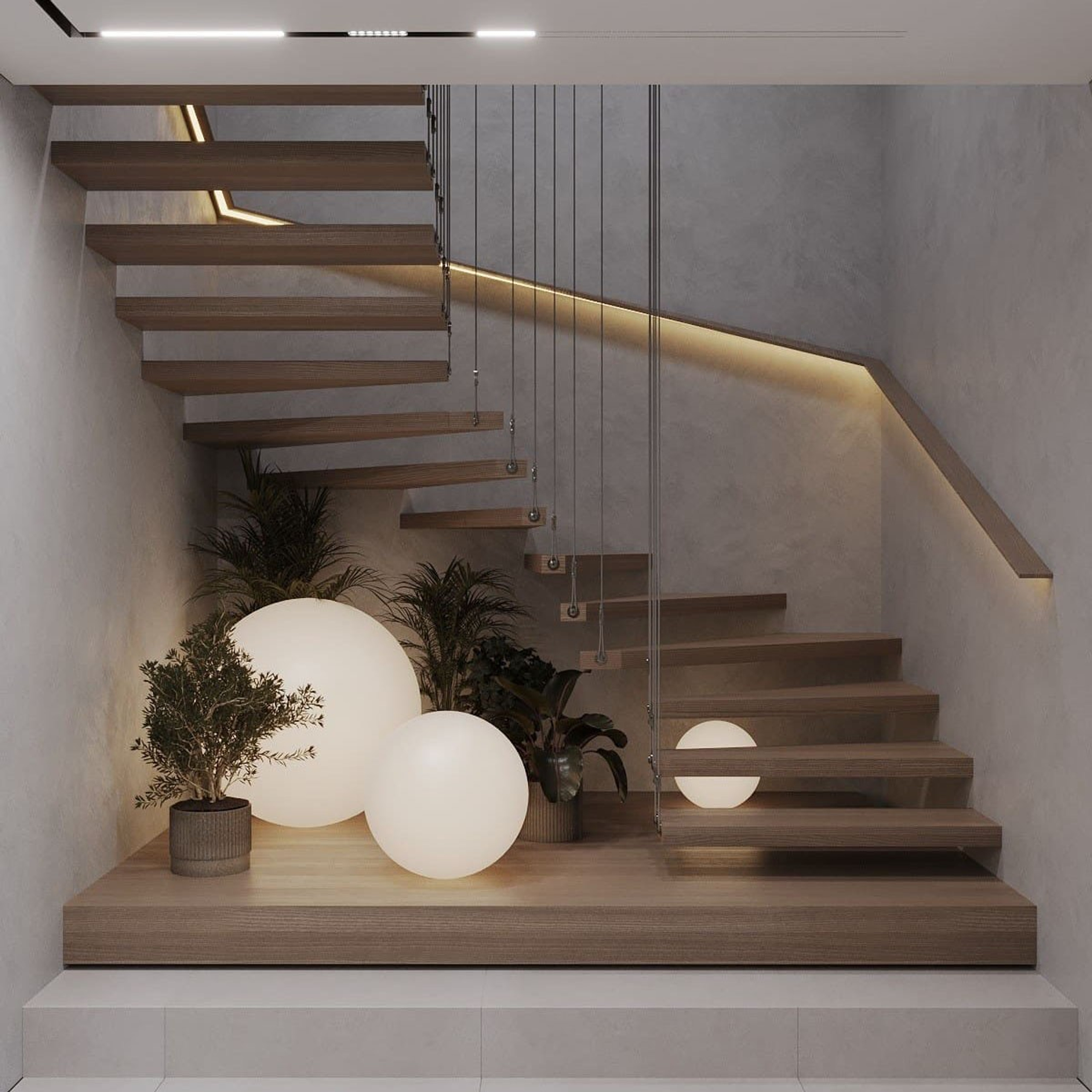 Парящая лестница минималистичного дизайна со светящимися шарами-светильниками под ней.