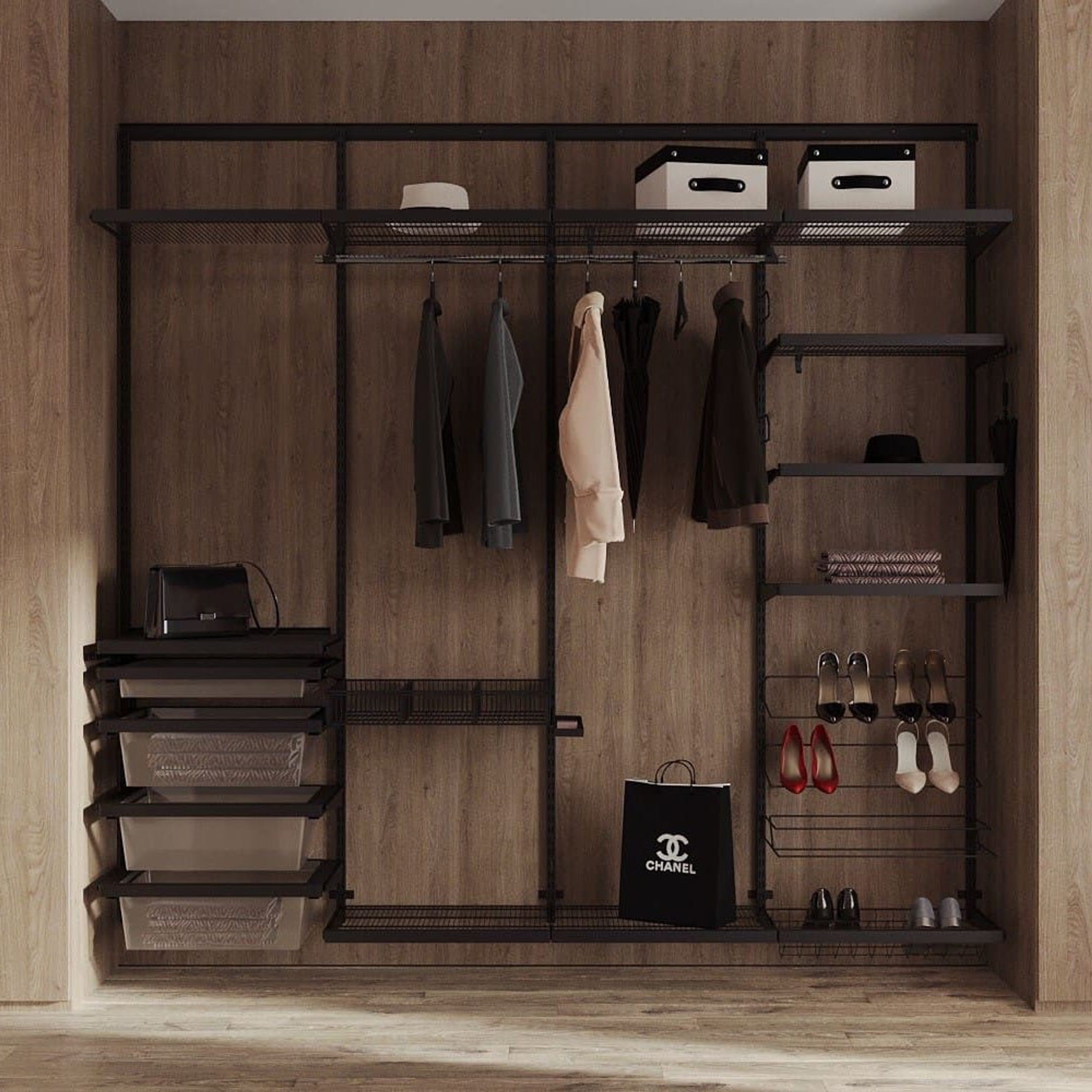 Открытая гардеробная система в черном цвете на фоне деревянных стен.