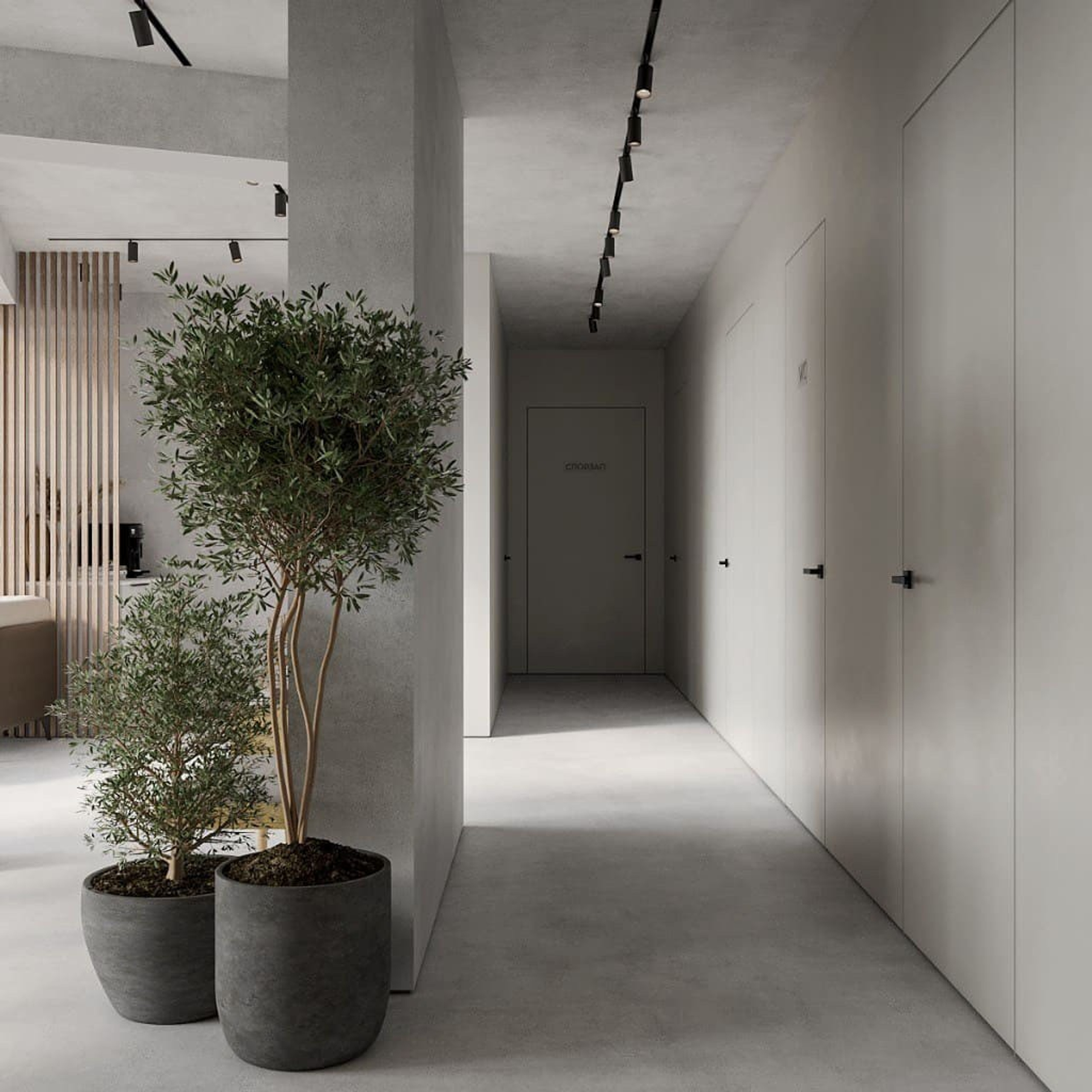 Вид сквозь бетонный коридор с круговой подсветкой и скрытыми дверьми.