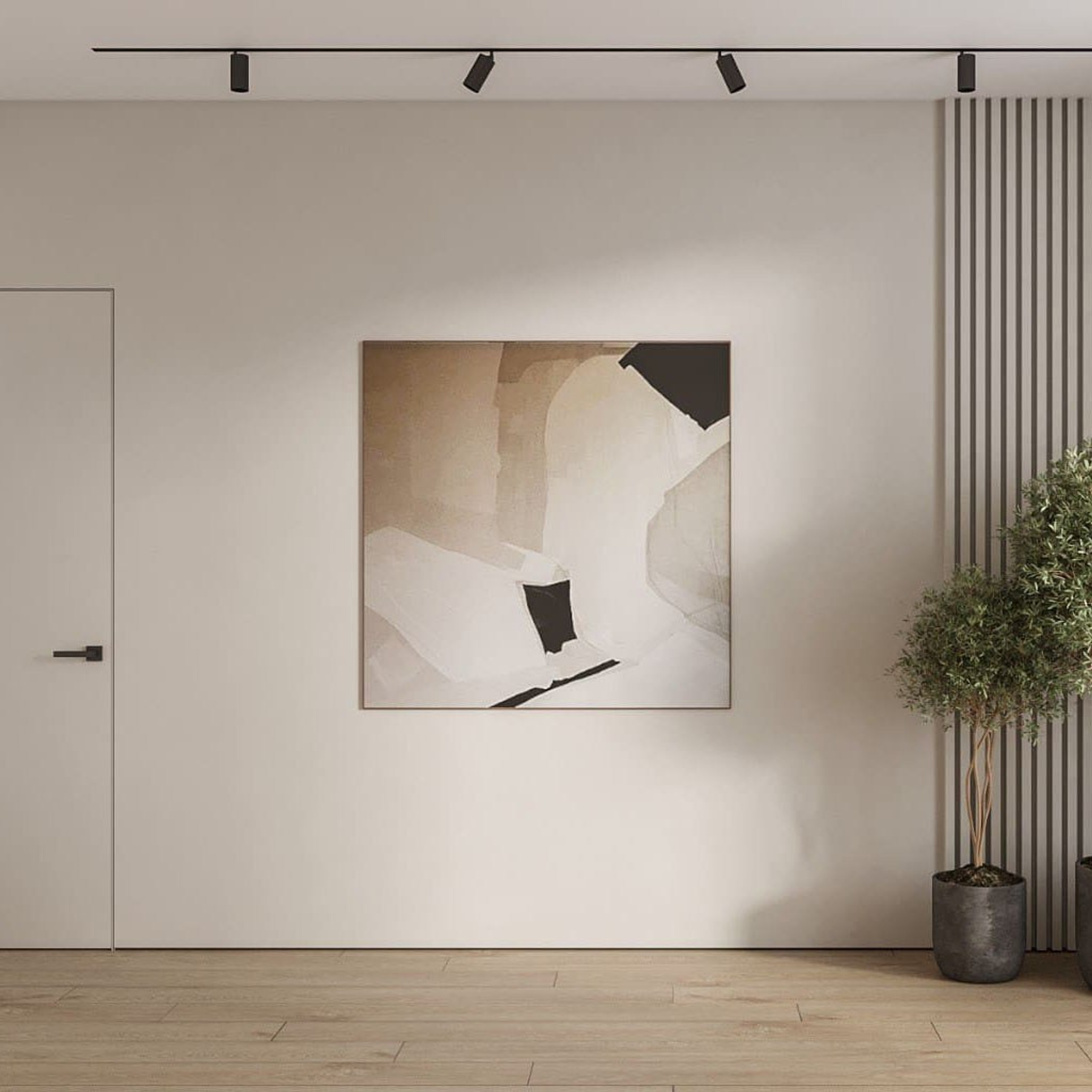 Абстрактная картина на стене с реечными 3D-панелями, создающими эффект паспарту.