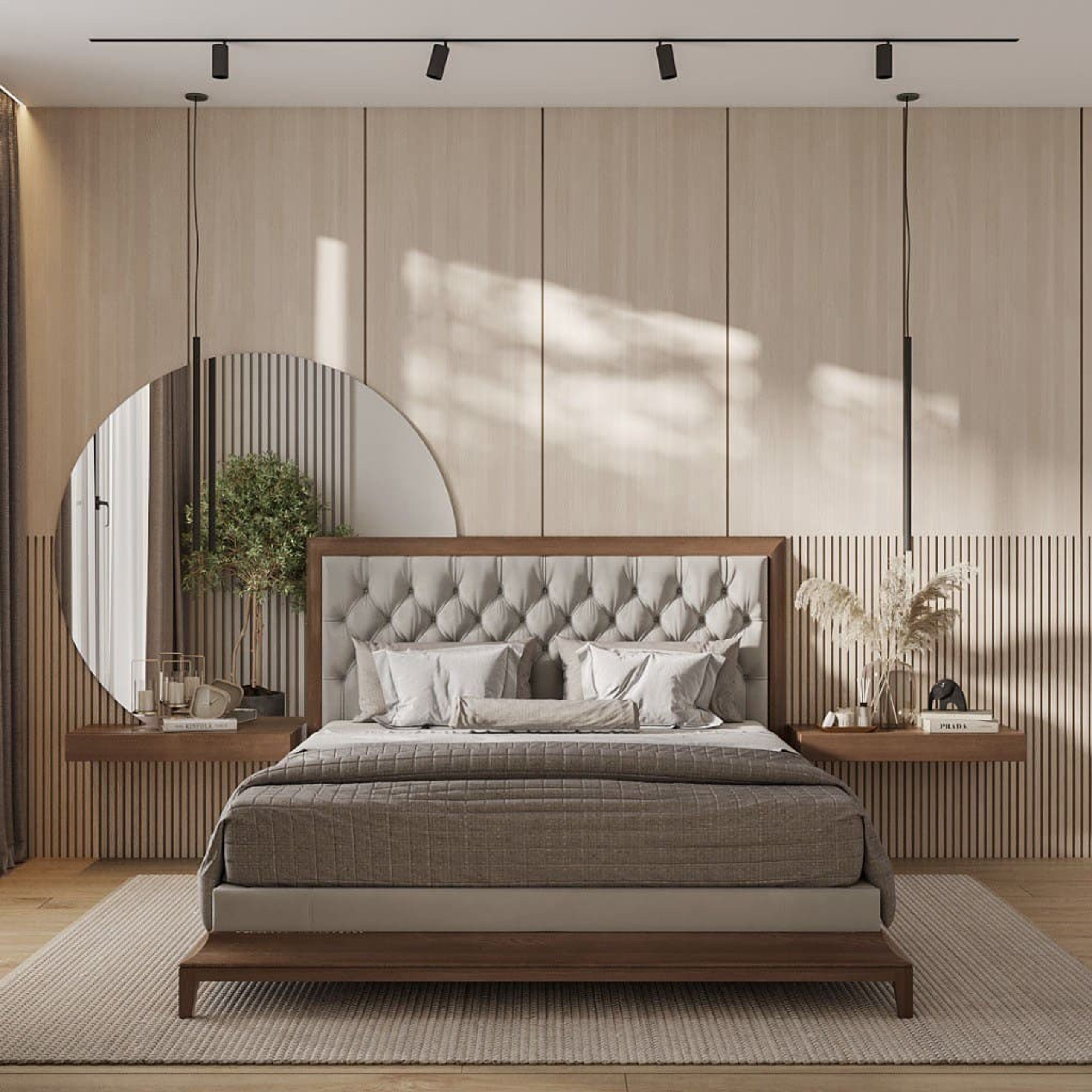 Спальня в стиле ваби-саби с круглым зеркалом «восходящее солнце» на стене.