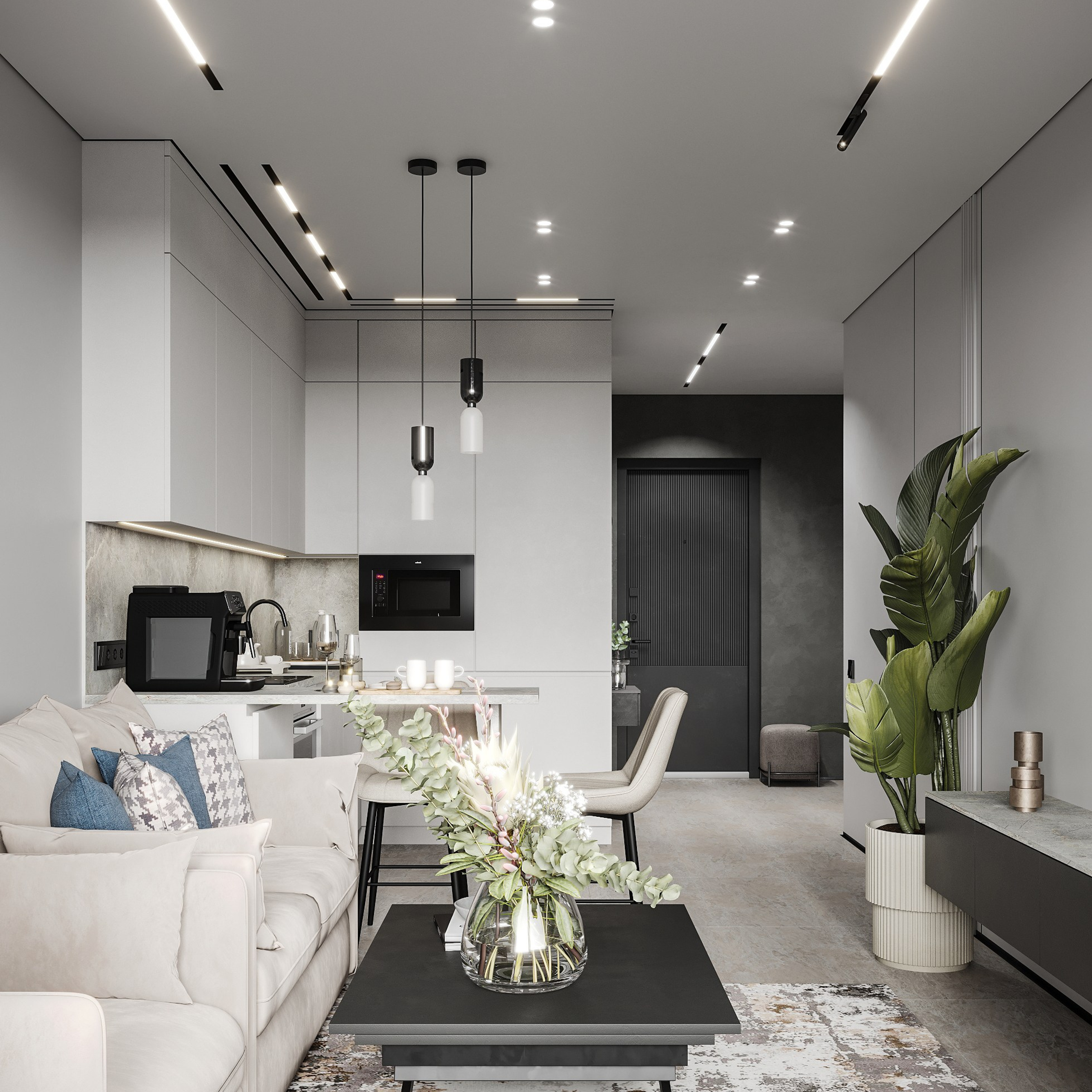 Кухня-гостиная в серых тонах. LAW.DES / ДИЗАЙНЕР ИНТЕРЬЕРОВ