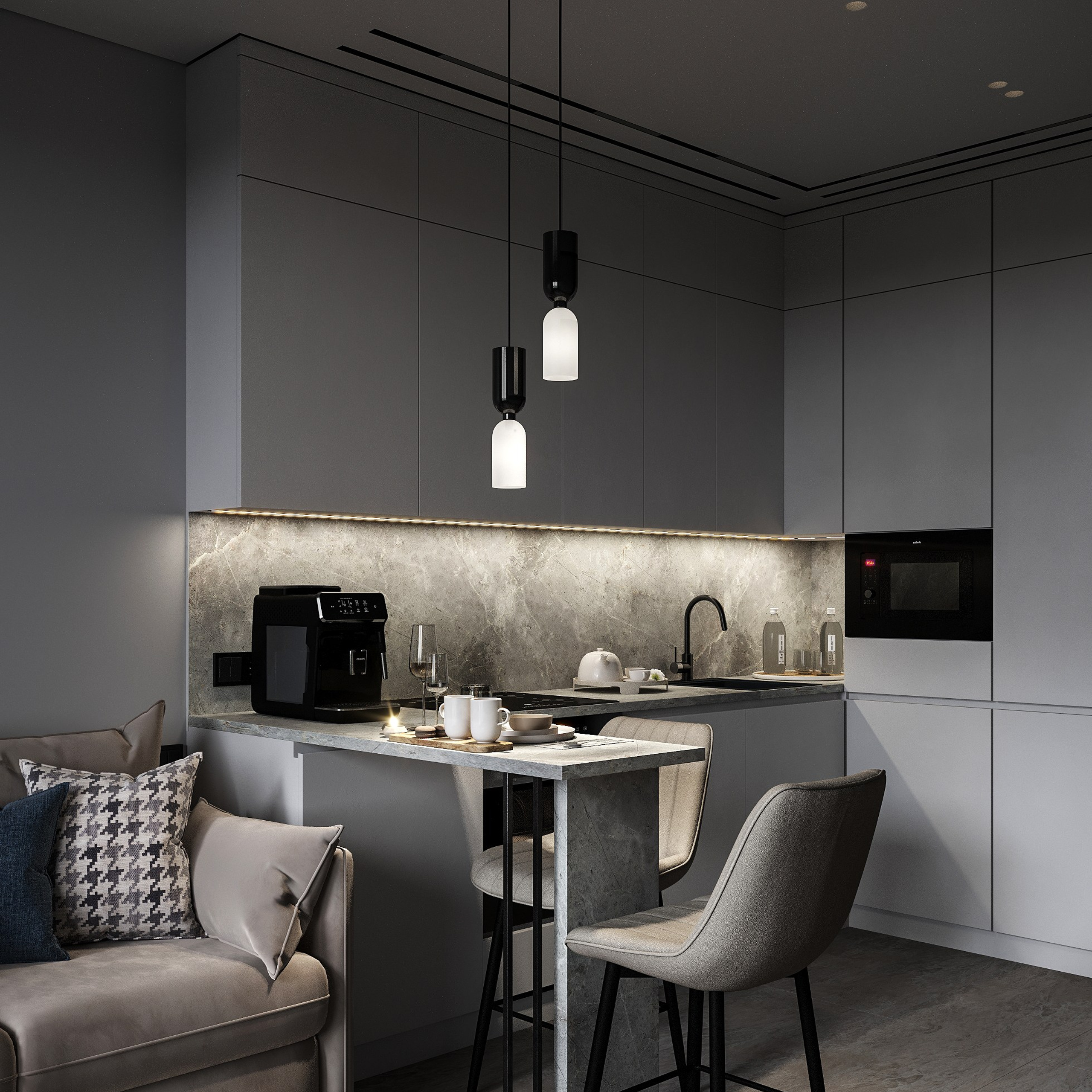 Кухня-гостиная в серых тонах. LAW.DES / ДИЗАЙНЕР ИНТЕРЬЕРОВ