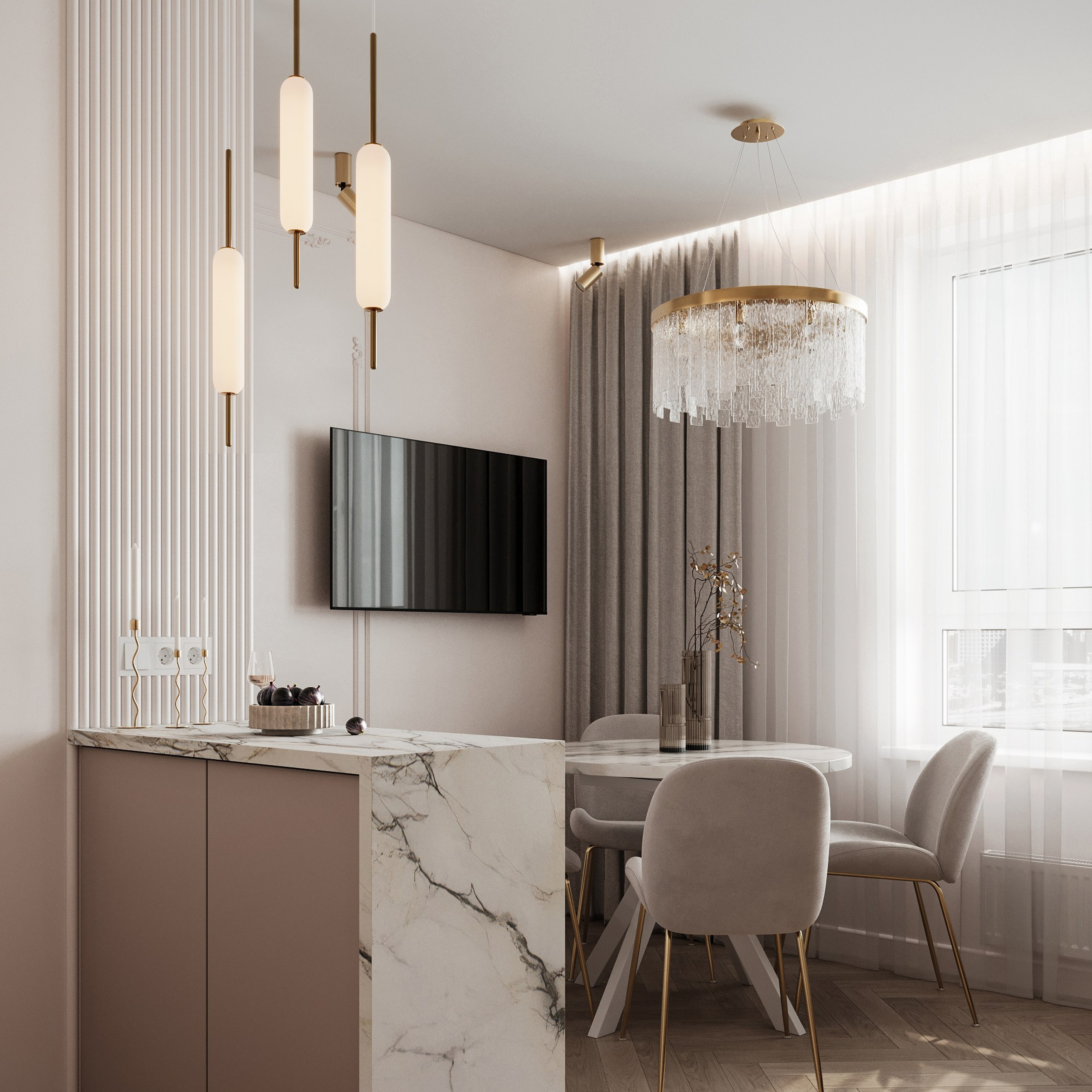 Крутые подвесные светильники над кухонных островом