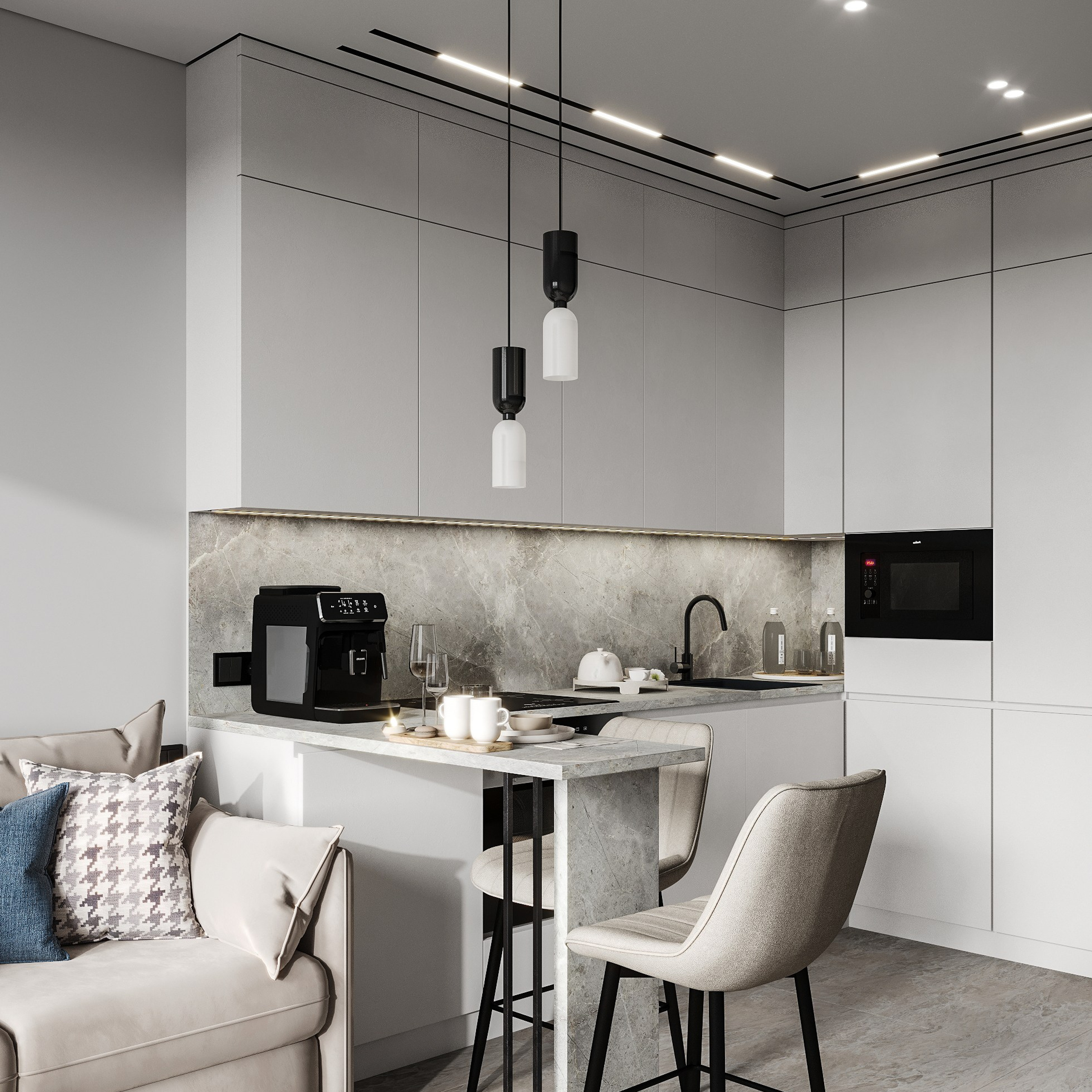 Кухня-гостиная в серых тонах