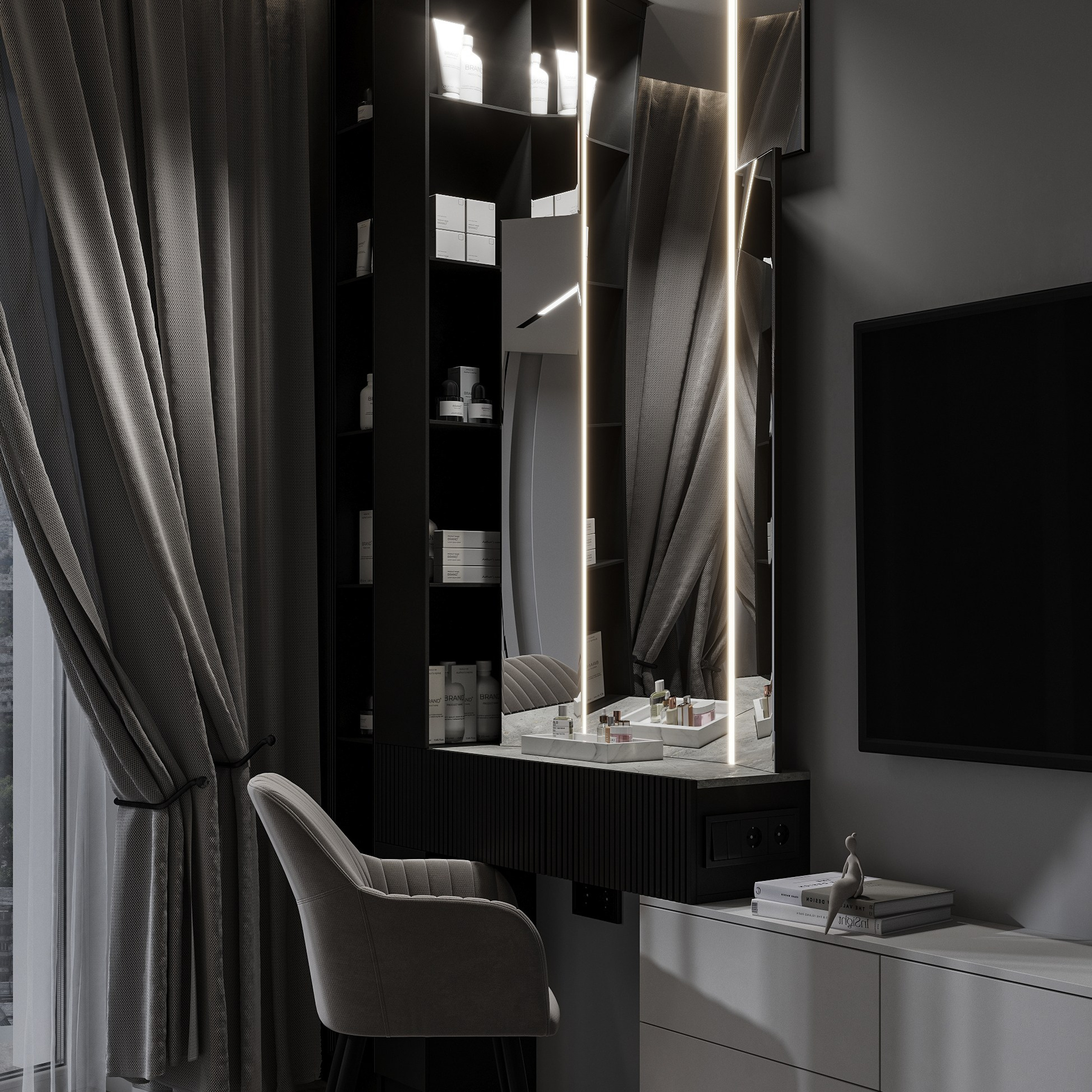 Спальня с функциональной ТВ зоной. LAW.DES / ДИЗАЙНЕР ИНТЕРЬЕРОВ