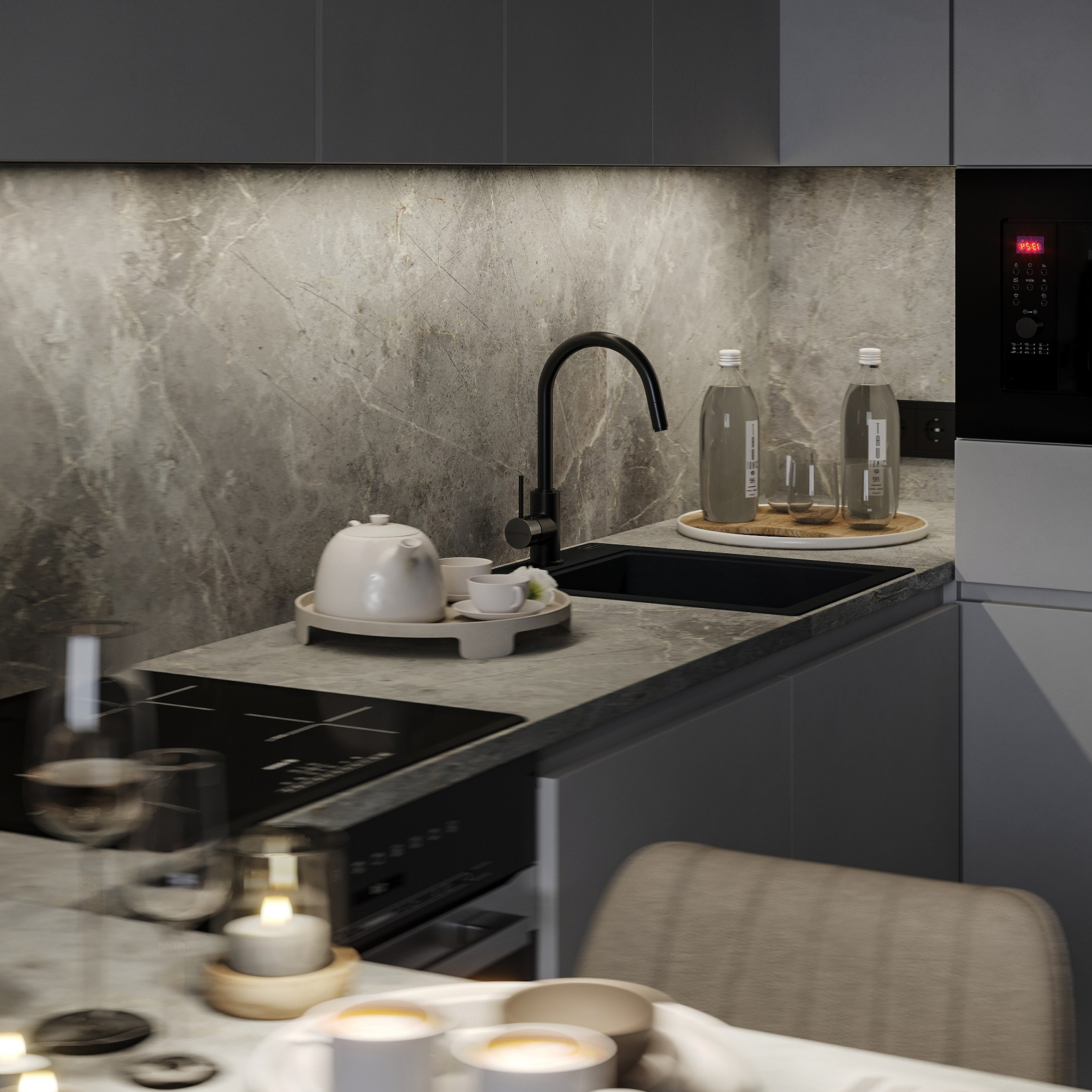 Кухня-гостиная в серых тонах. LAW.DES / ДИЗАЙНЕР ИНТЕРЬЕРОВ