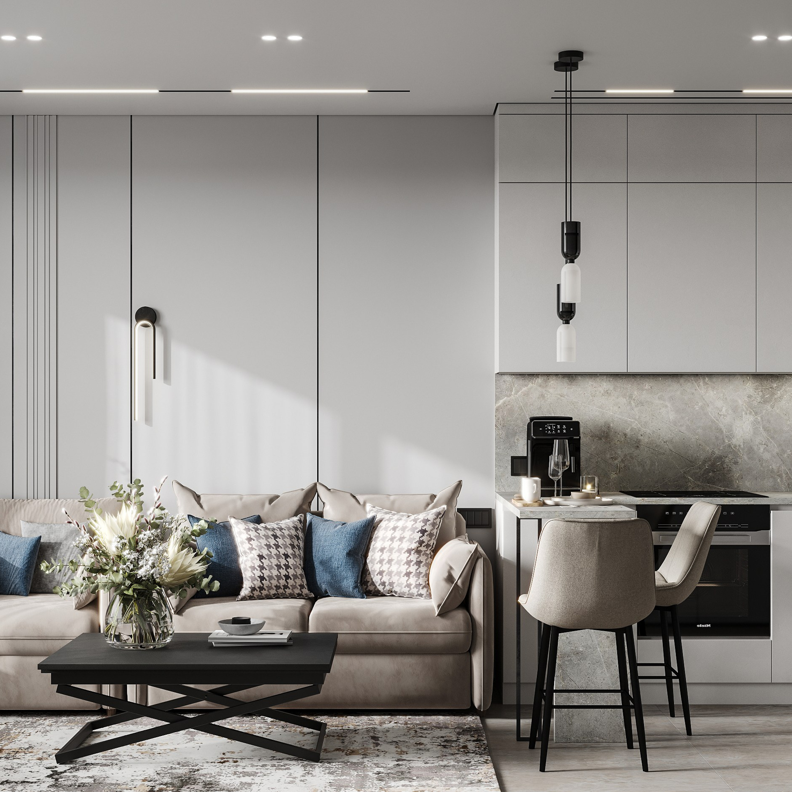 Кухня-гостиная в серых тонах. LAW.DES / ДИЗАЙНЕР ИНТЕРЬЕРОВ