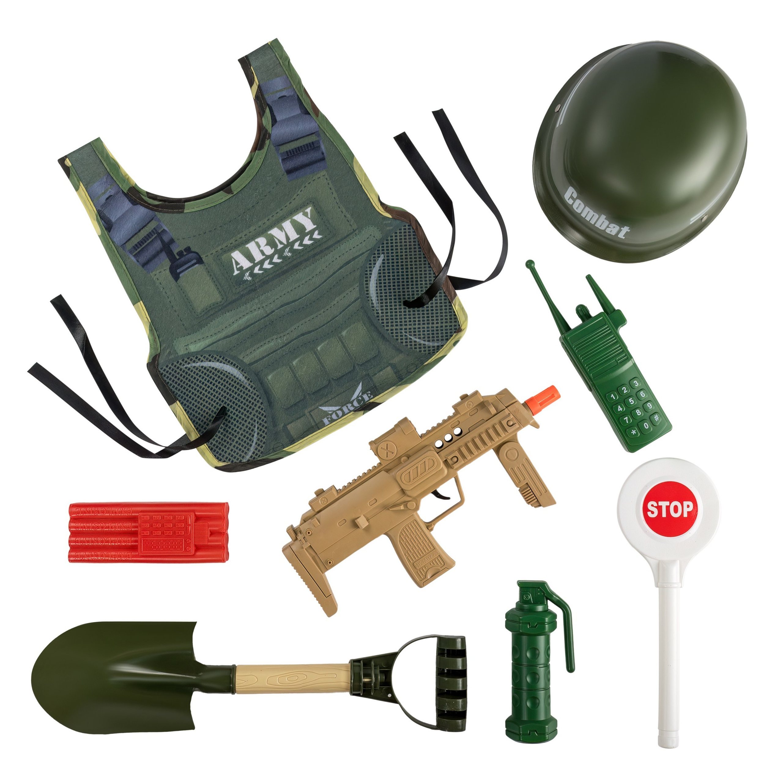 Комплектация игрового набора: бронежилет, каска, автомат, лопата, рация, граната