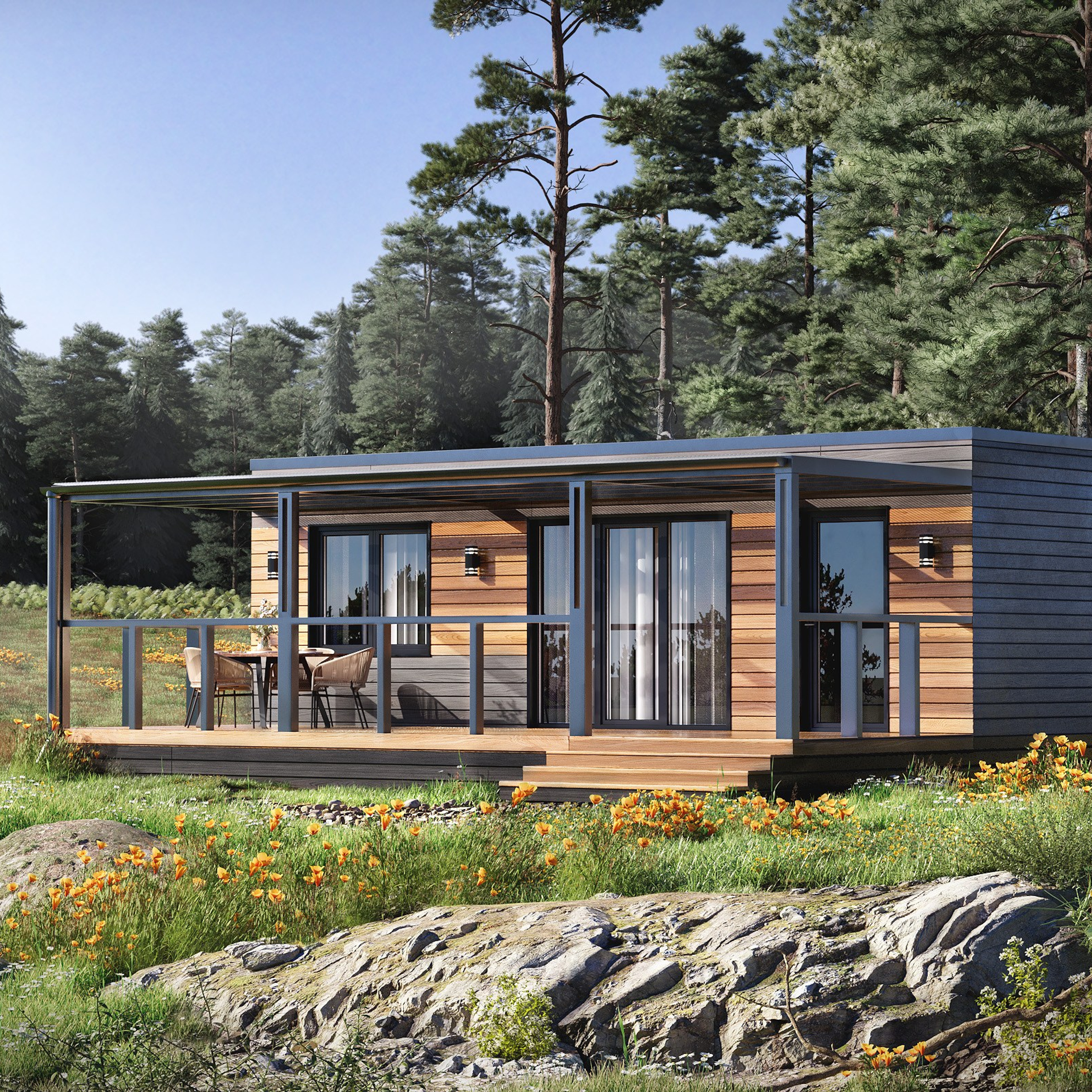 Визуализация модульного дома с ландшафтом