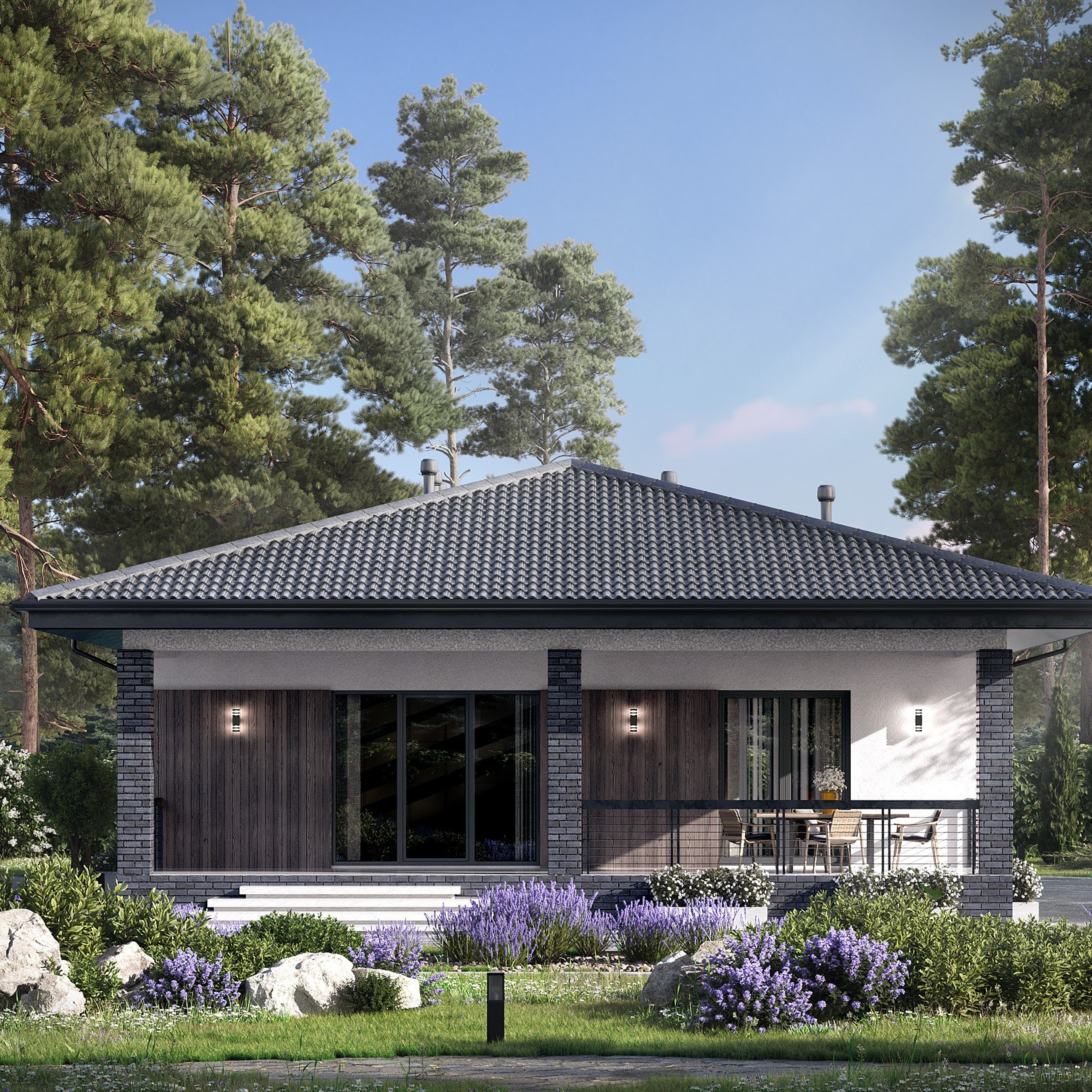 Визуализация загородного дома с ландшафтом