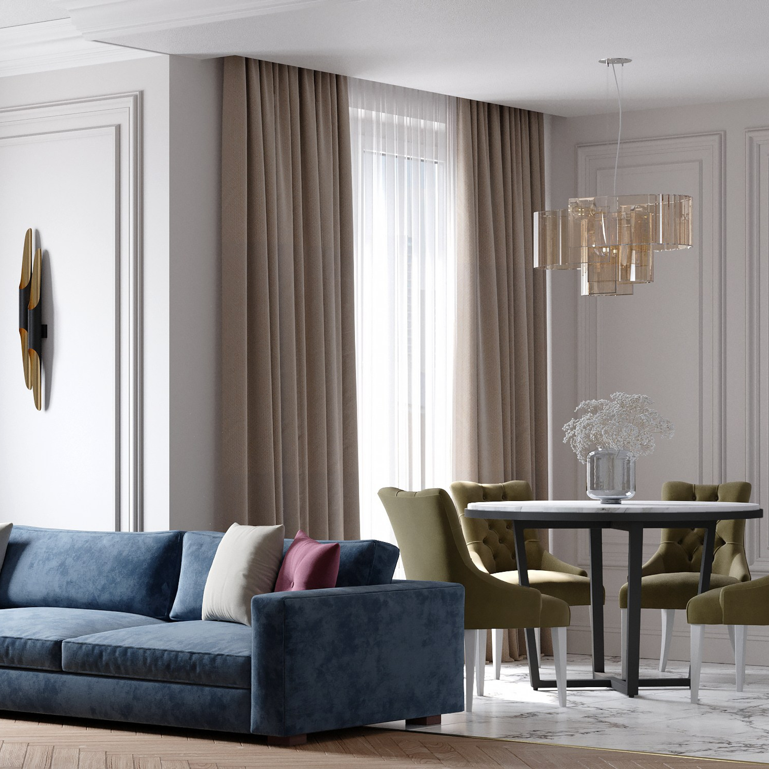 Визуализация кухни — гостиной 30 m²