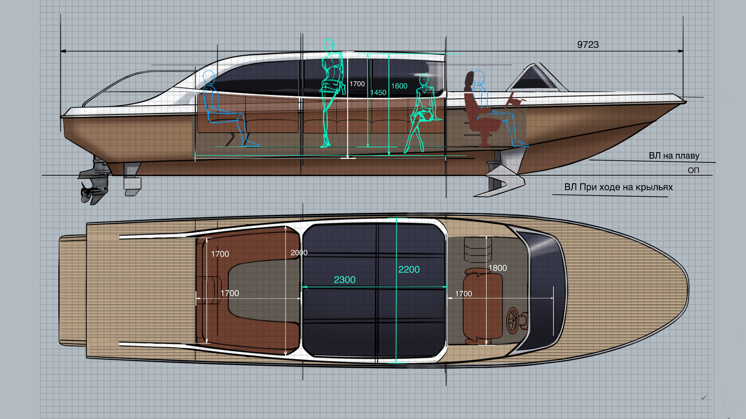 Design project of a recreational river boat with hydrofoils.
