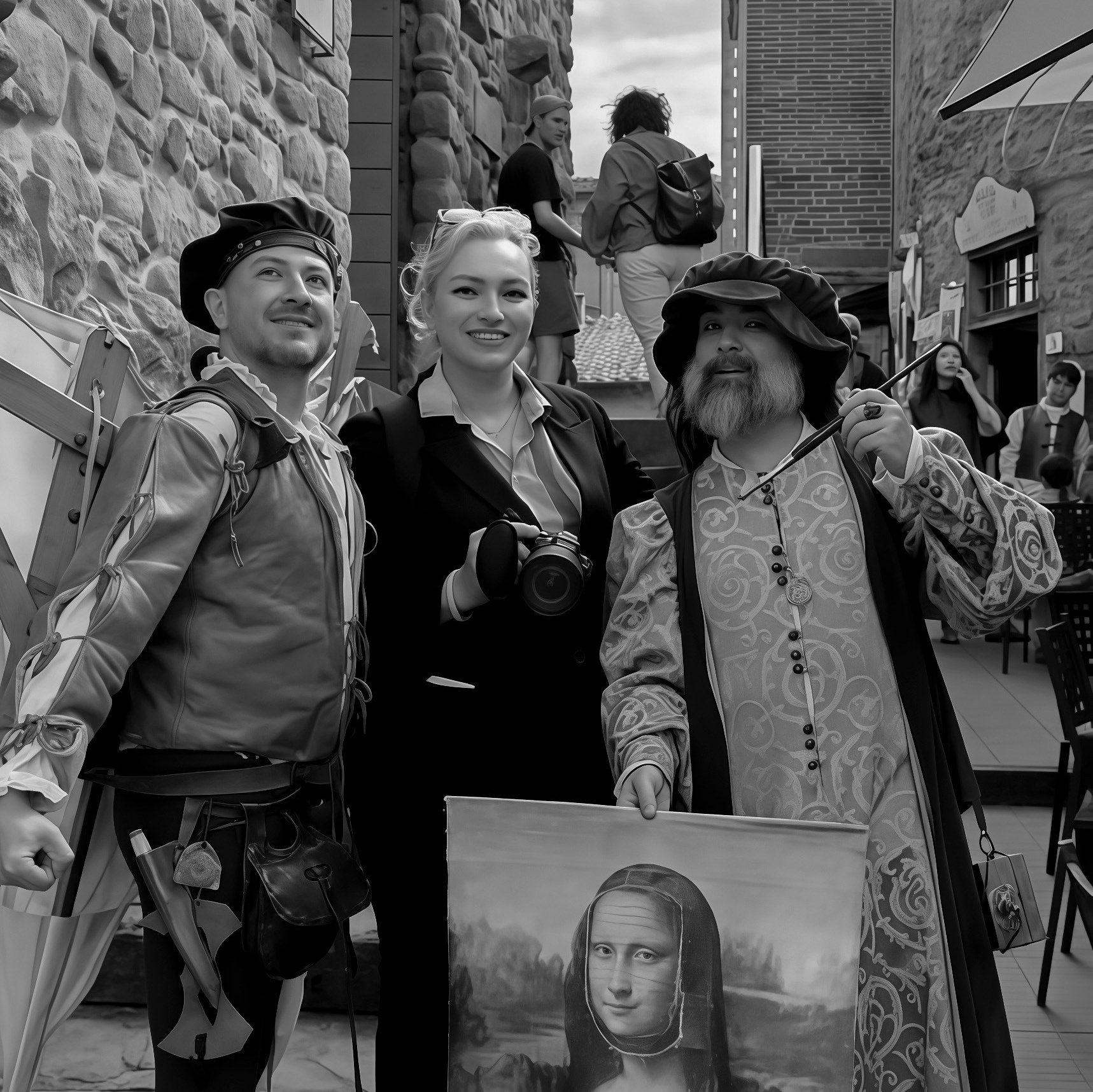 Яркий момент на фестивале в Италии: радостная группа в историческом городе.