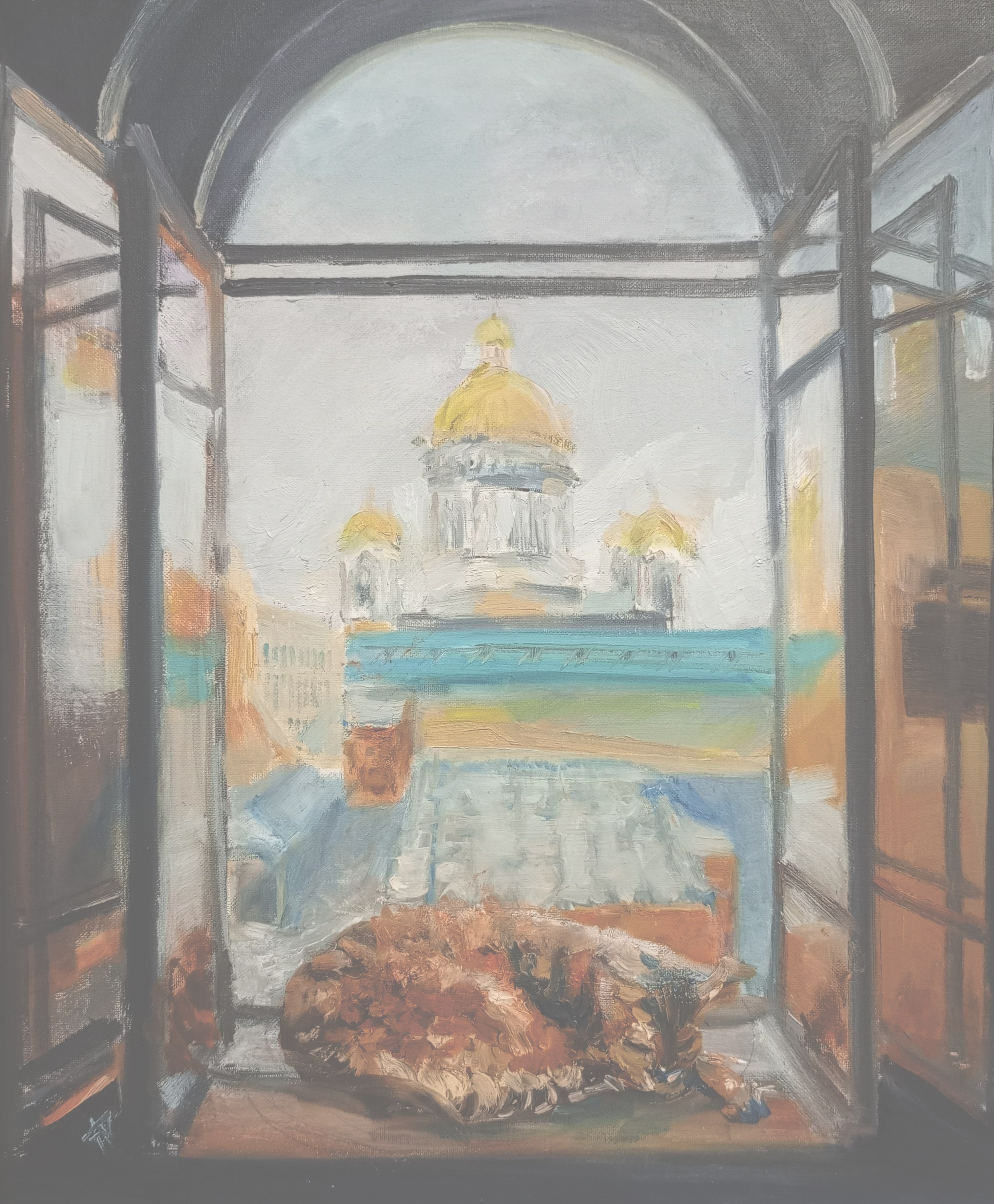 картины, живопись, масло, акрил, интерьерные картины, окно, Санкт-Петербург, старый квартал, вид из окна, Питер, кот на подоконнике