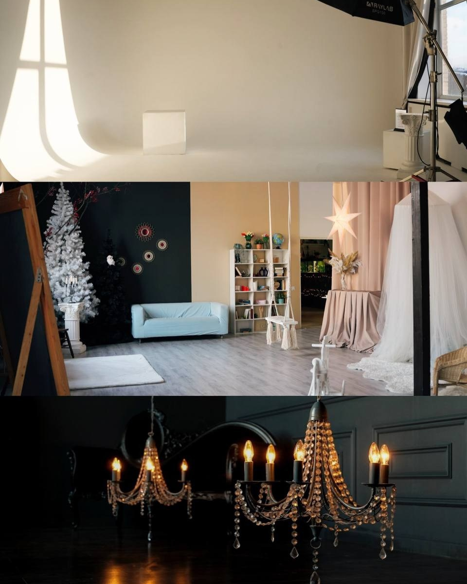 Интерьер фотостудии Точка: новогодний декор, елка, качели, диван и шторы блэкаут в разных залах СПб