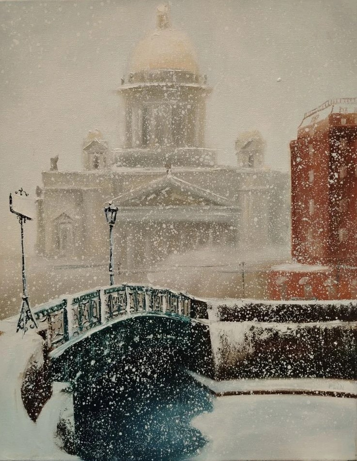 Город, виды Санкт-Петербурга, Синий мост, Астория, зима, Исаакий