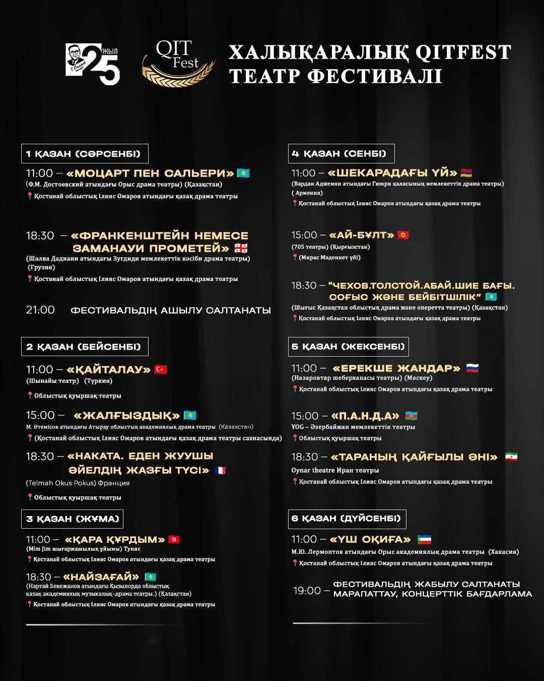 2025 байқау бағдарламасының афиша. QITFest Халықаралық театр фестиваль-лабораториясы