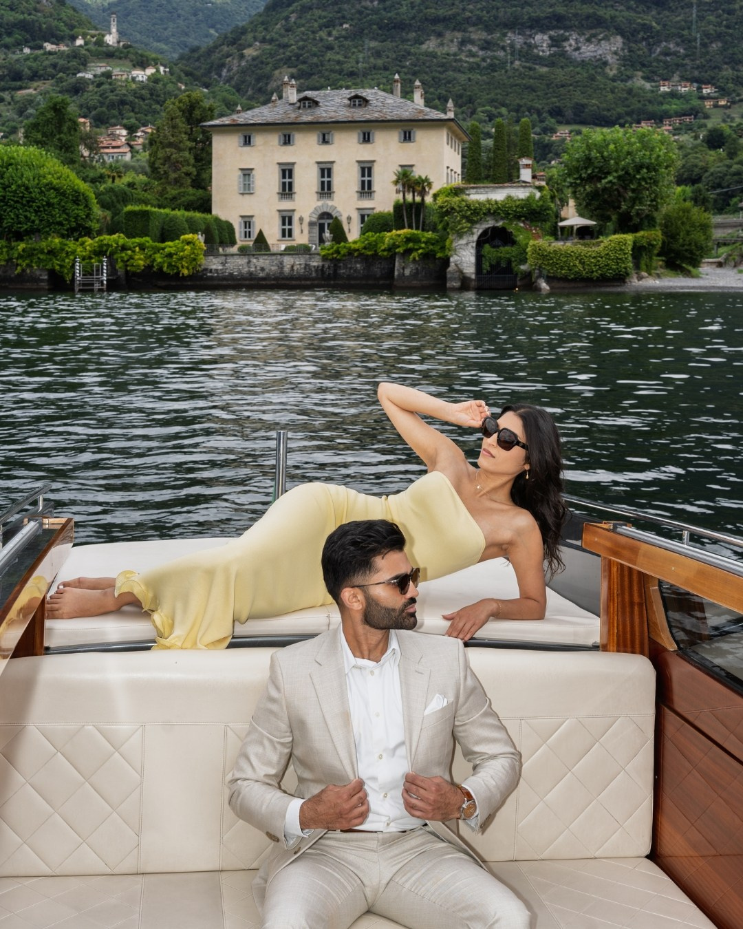 Lake Como engagement photo, couple by Villa Balbiano