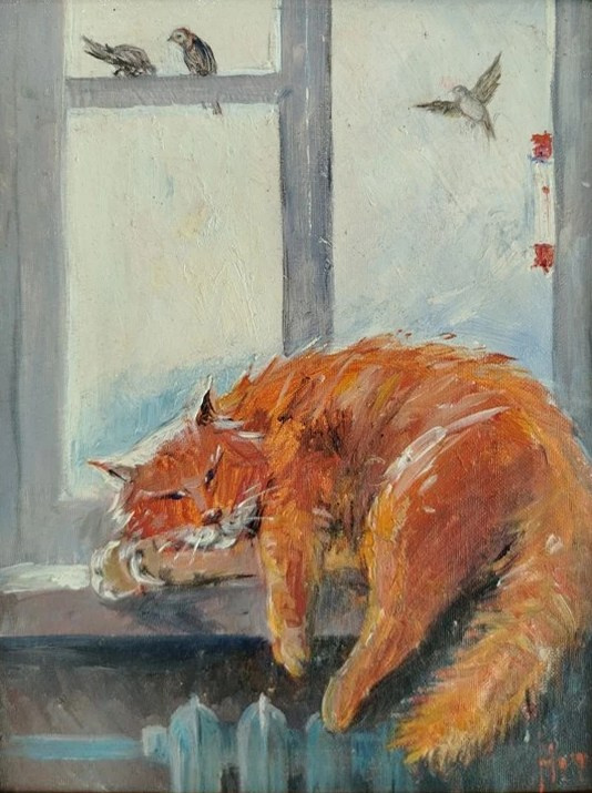 Кот, весна, птички, окно, тепло