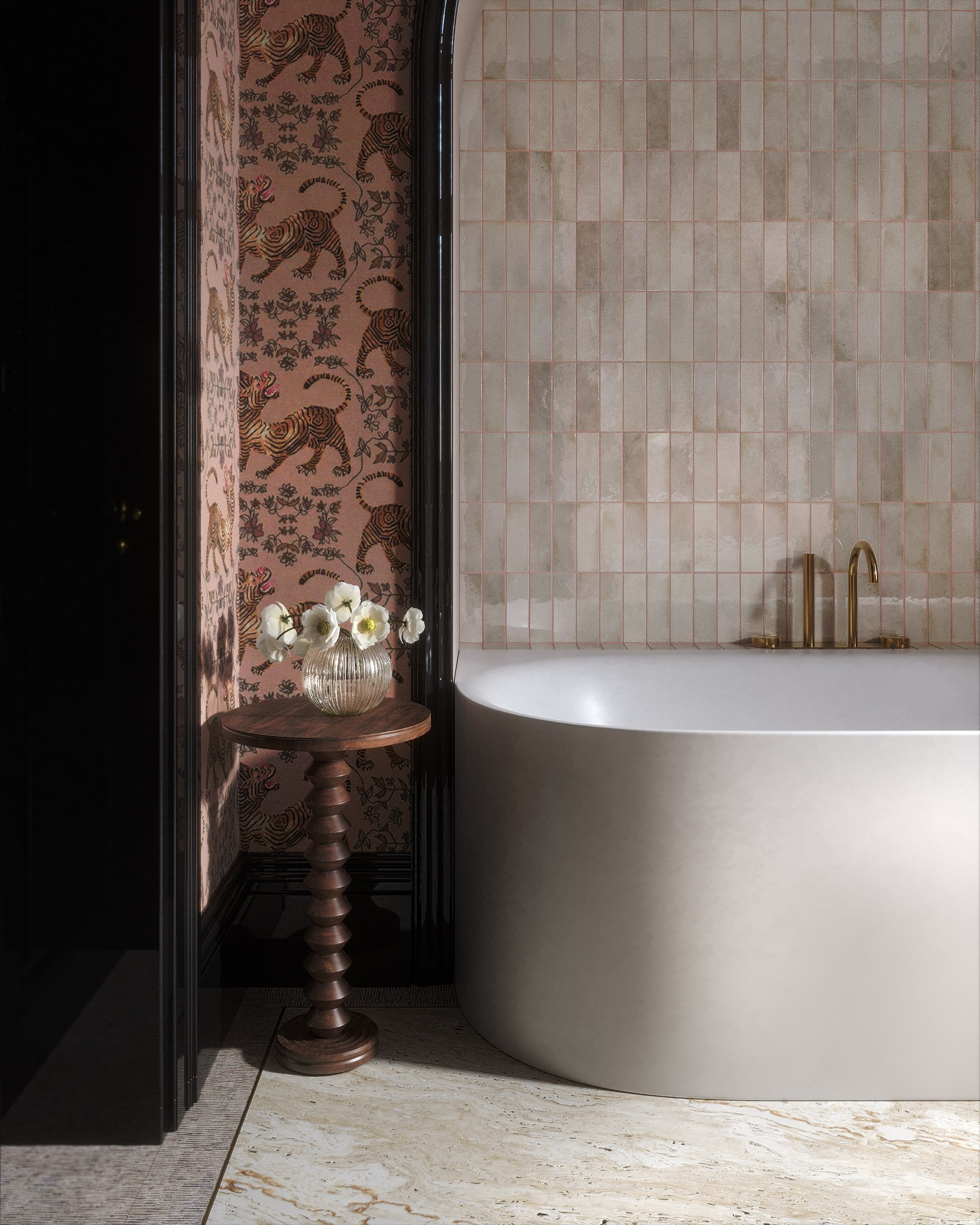 pink wallpaper with tiger motif,  freestanding white bathtub, 3D visualization; visualización 3D de un elegante baño con bañera exenta blanca, papel pintado con tigres y suelo de mármol beige