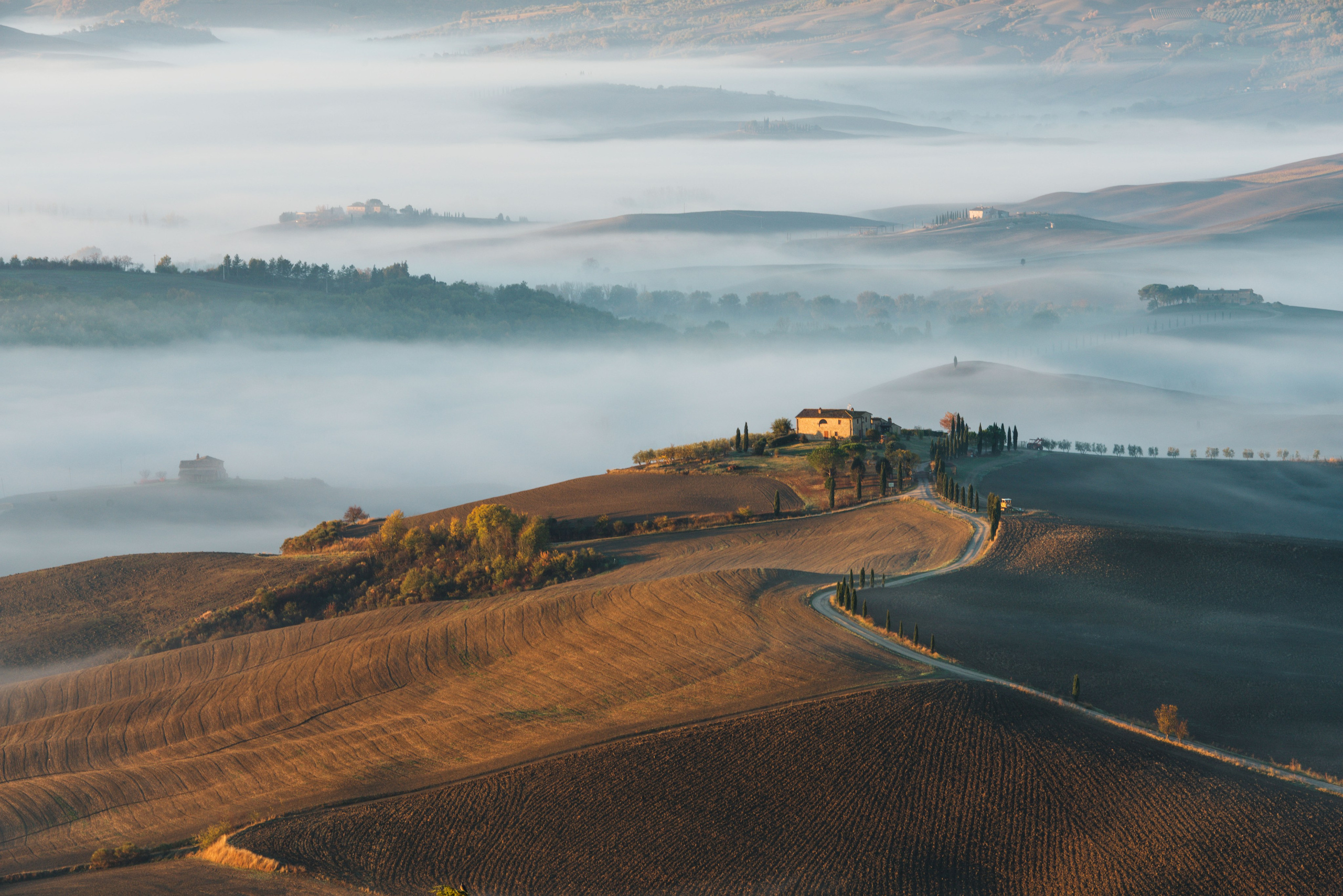Рассвет в Тоскане: вилла и кипарисовая аллея.