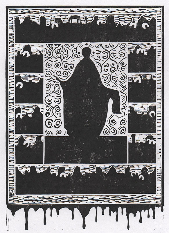 После иконы,2022. Авторская линогравюра на бумаге Ватман Гознак.  Работа участвует в выставке "После иконы: графика" со 2 июля по 24 сентября 2023 г. в Феодоровском соборе (Санкт-Петербург).