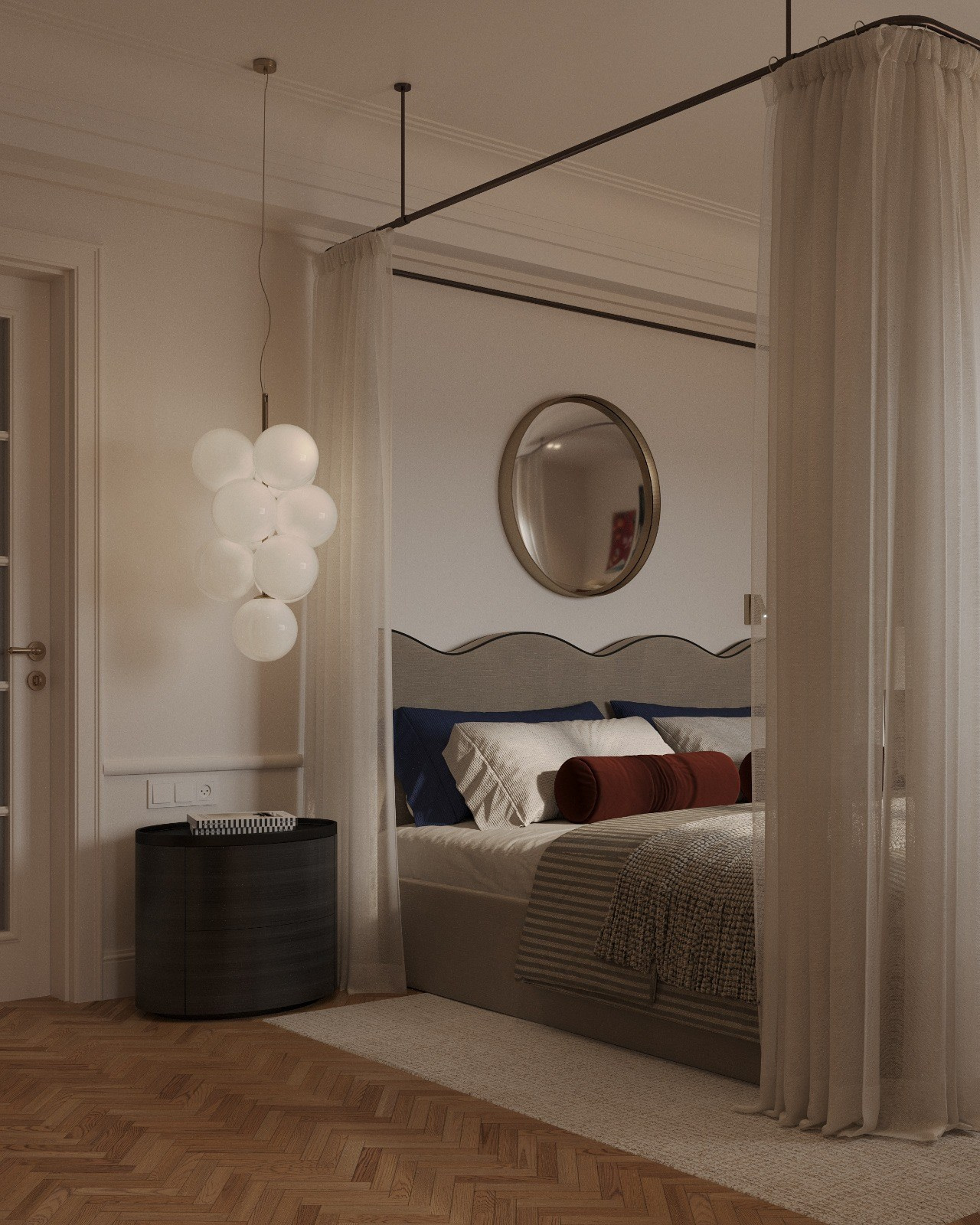 Элегантный дизайн интерьера спальни загородного дома и квартиры в современном стиле с фигурным изголовьем на кровати с балдахином на кровати паркетная доска дизайн интерьера Оренбург дизайн интерьера Москва дизайн интерьера Санкт Петербург дизайн интерьера Самара дизайн интерьера СПБ 