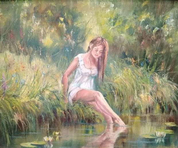 Пейзаж, лето, лес, река, девушка