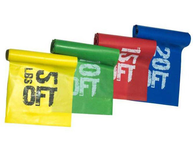 Латексные ленты для тренировок по растяжке разных цветов с указанием сопротивления в фунтах LBS.