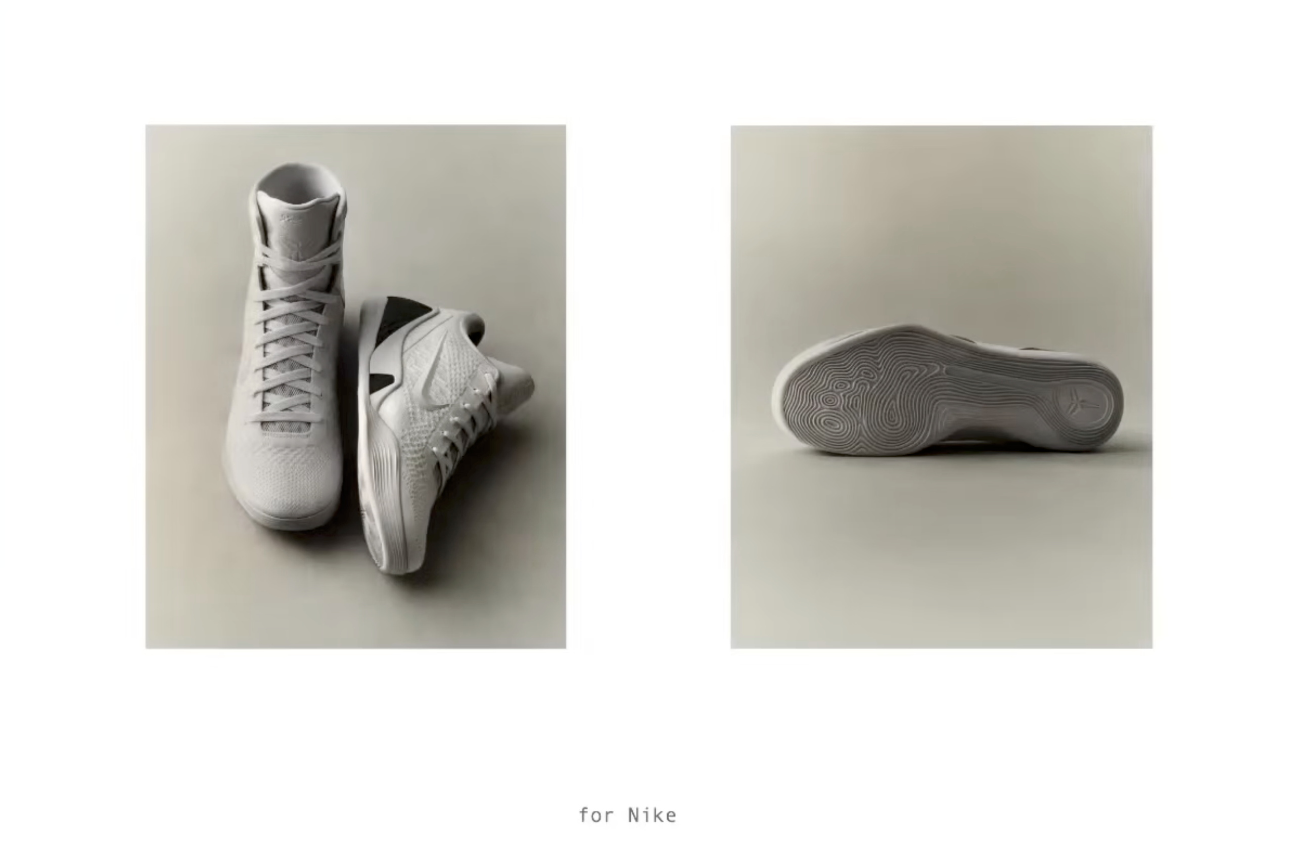 Арт-предметная съёмка для бренда Nike: минималистичные кадры спортивной обуви в мягком сером свете. Пример современного подхода, где техническая точность сочетается с атмосферой и простотой формы.