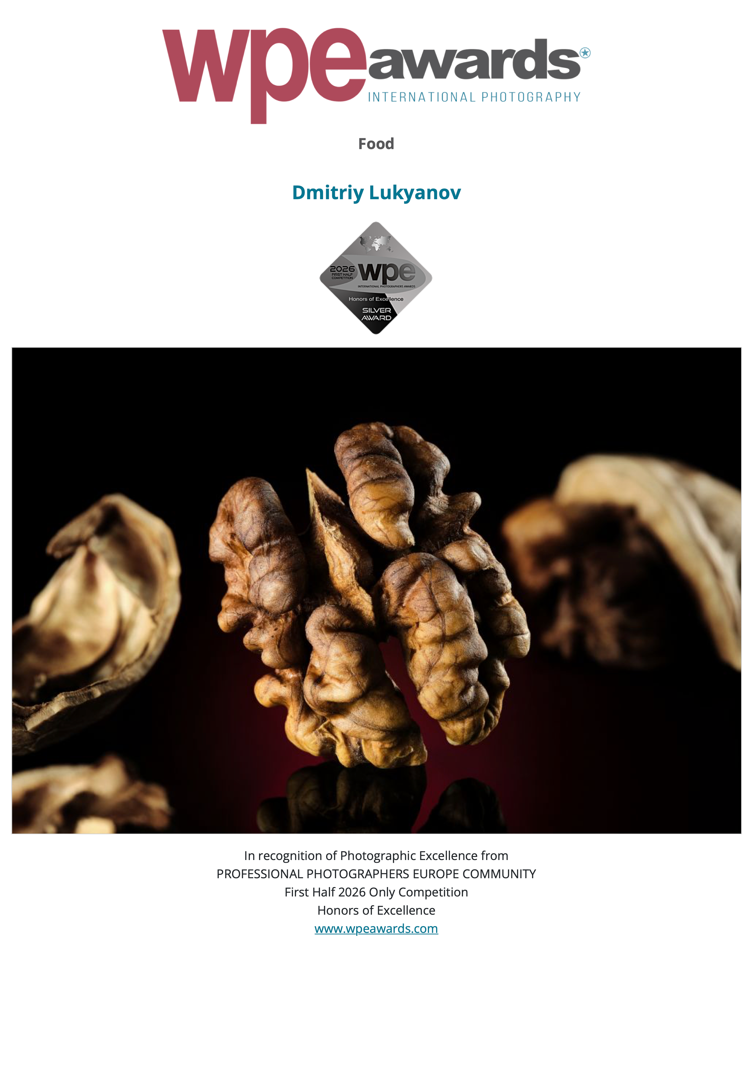 Сертификат WPE Awards 2026: Dmitriy Lukyanov, Silver Award в категории Food