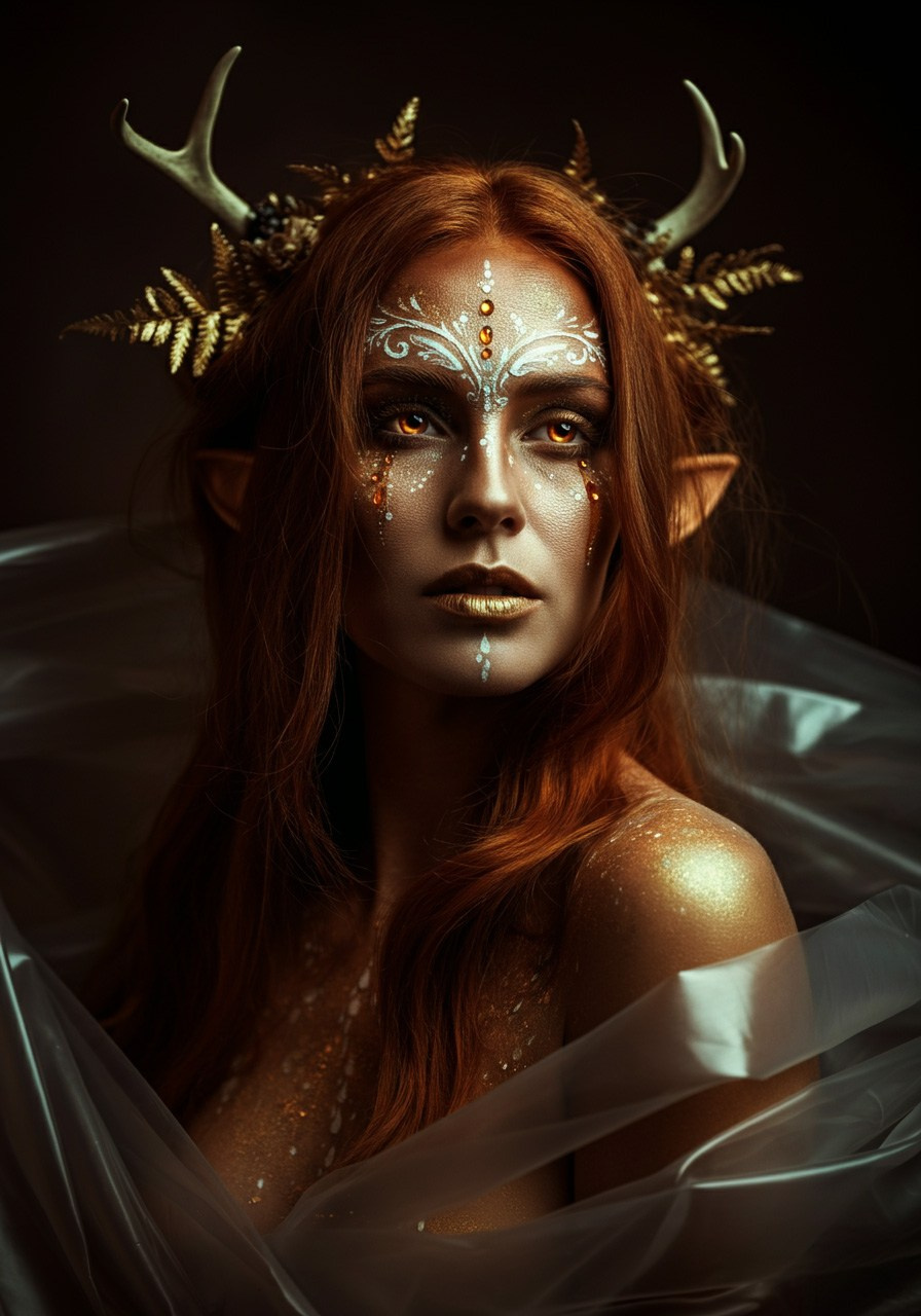 Студийный портрет рыжеволосой девушки с белой краской и кристаллами Сваровски на лице. В волосах девушки оленьи рожки и покрытые позолотой листья. Позади чёрный фон. Обнажённые плечи и грудь девушки прикрыты прозрачной плёнкой. Картинка сгенерирована с помощью нейросети Visual Electric