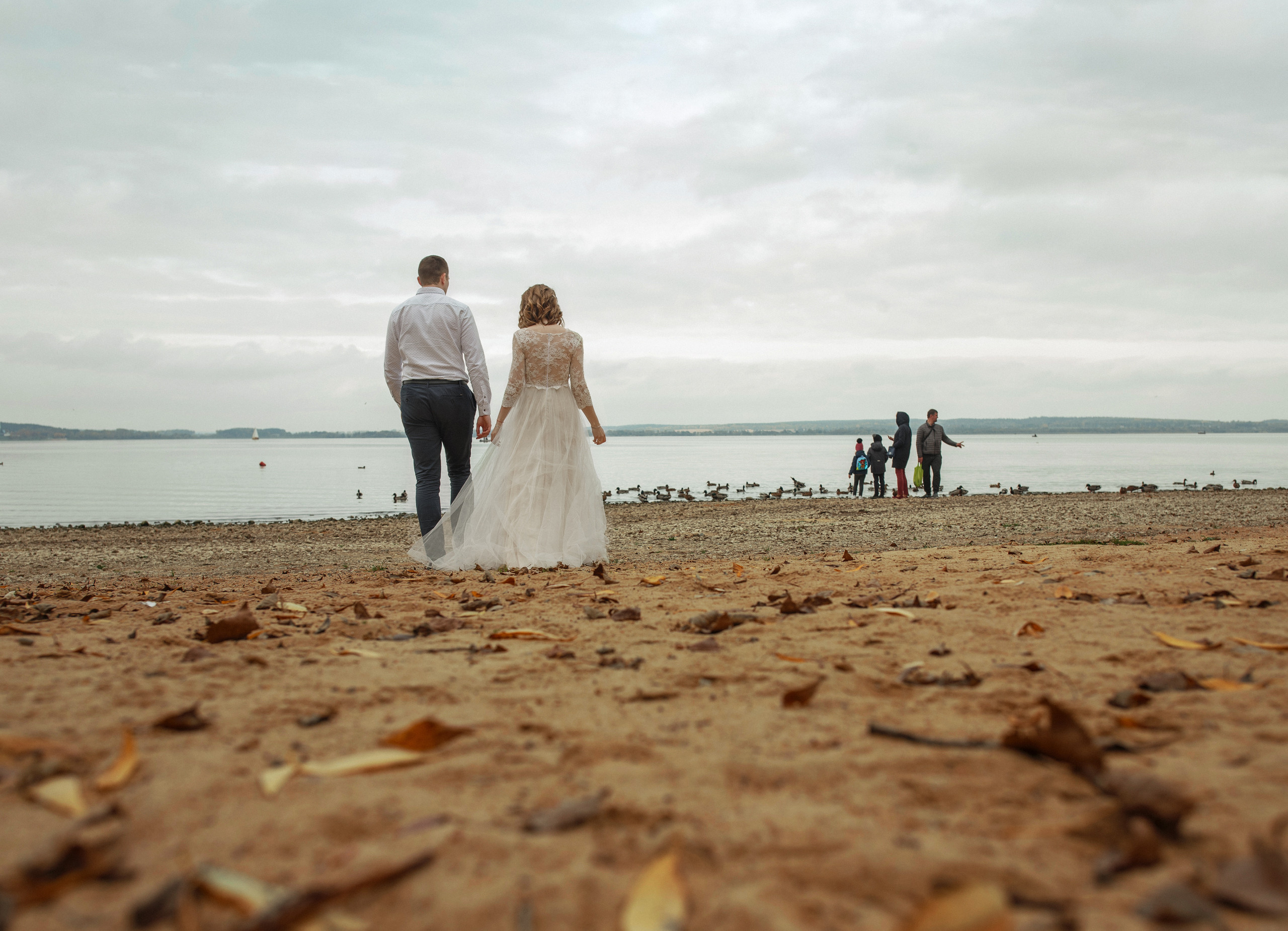 Свадебная прогулка красивой пары на берегу озера