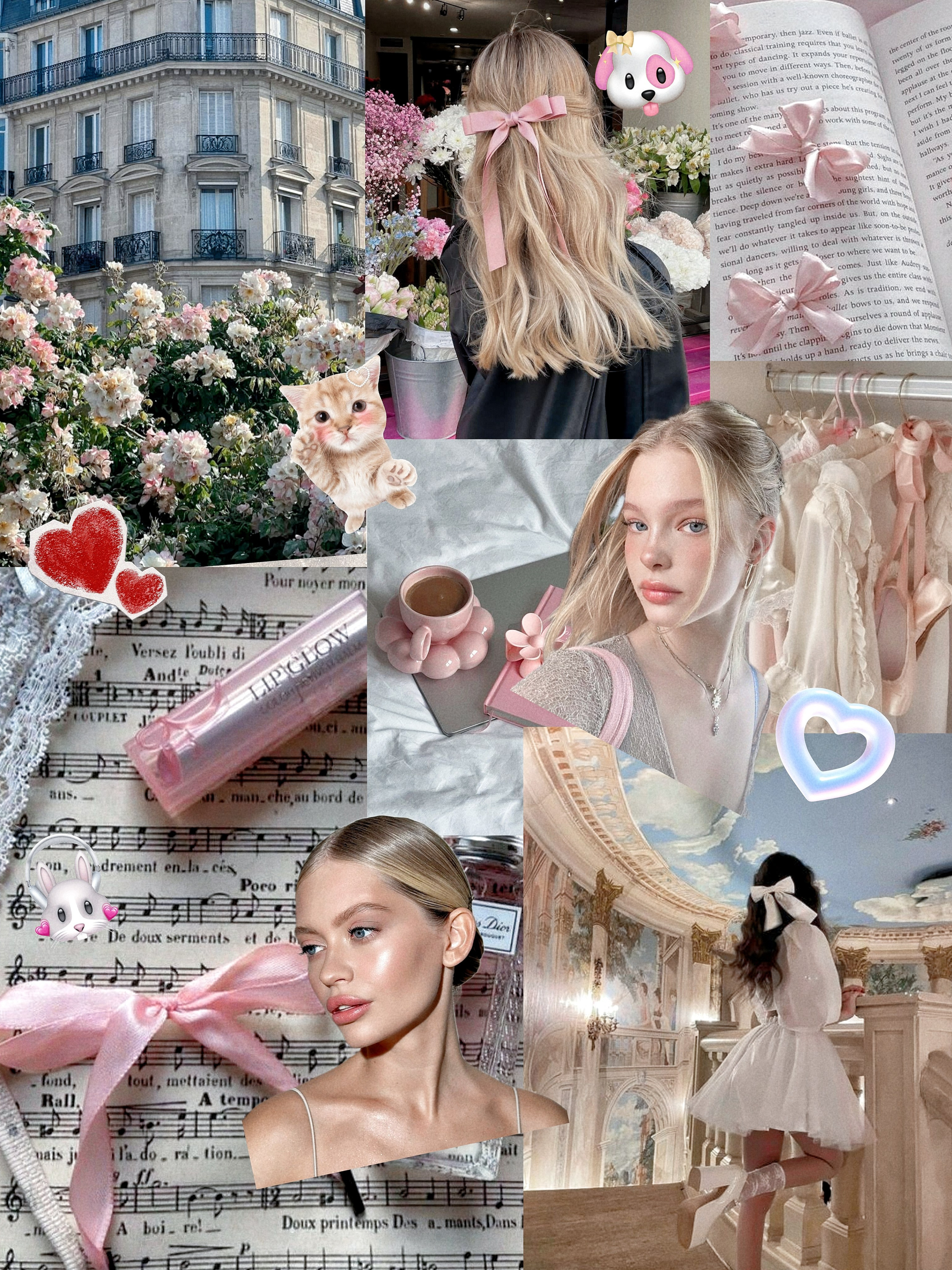 На коллаже представлены образцы макияжа, стиля в одежде, предметов ухода за собой, которые мы относим в стиле Clean girl эстетика