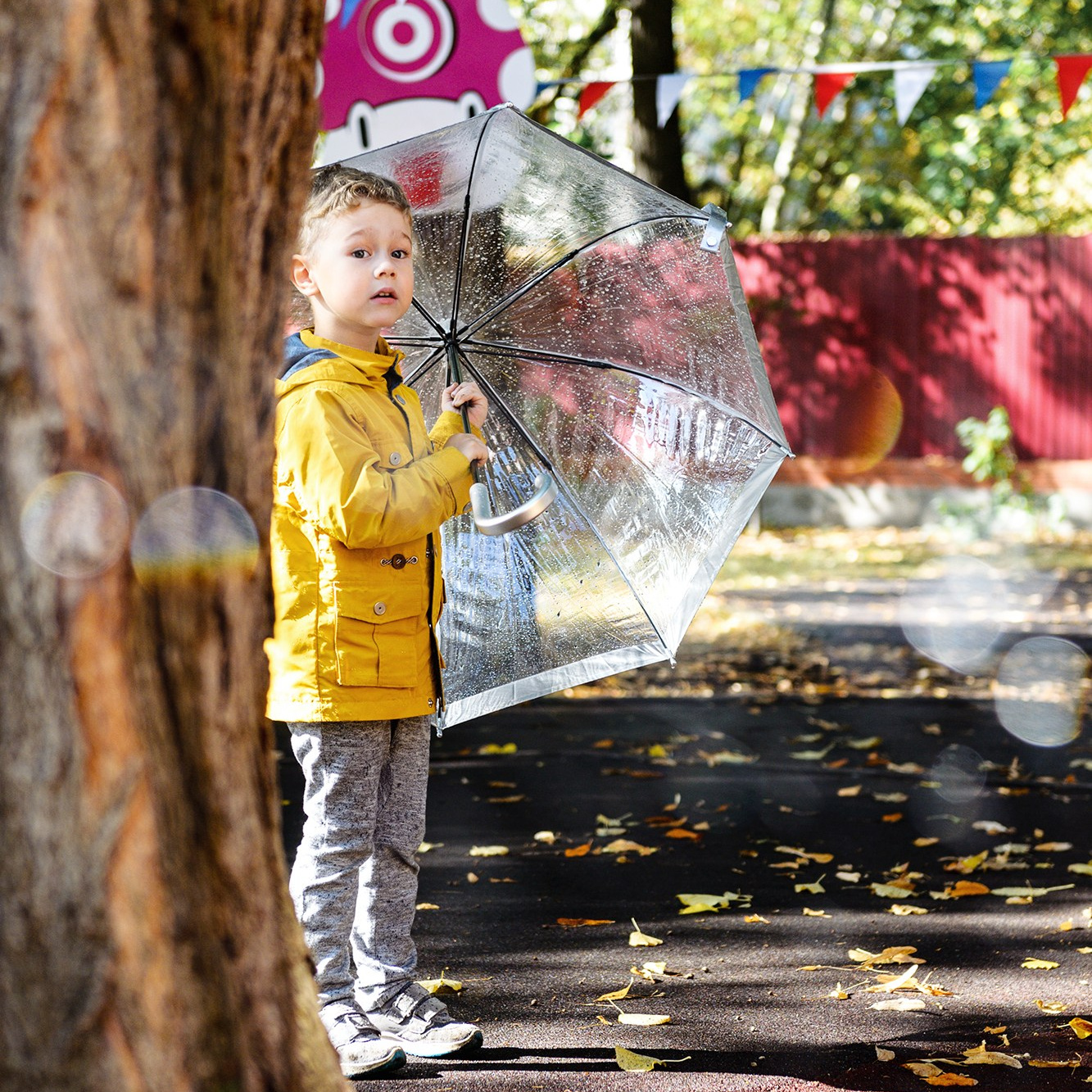 Ребёнок в жёлтой куртке стоит в осеннем парке и держит прозрачный зонт рядом с большим деревом.