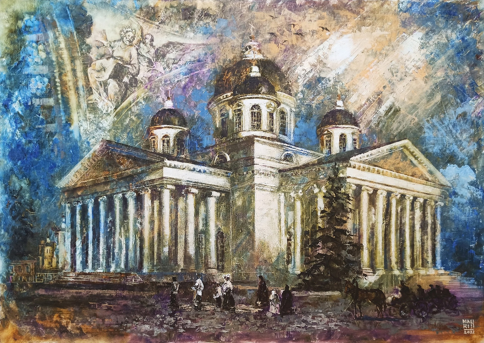 картины, интерьерные картины, картины маслом, масло, природа, живопись, город,  купить картину, картина в подарок, церковь, картина с церковью, усадьба, старина, ретро стиль, осень, осенняя картина, панорама, старый город, монастырь, Арзамас, Старый Арзамас, гуси, лошадь, Воскресенский собор