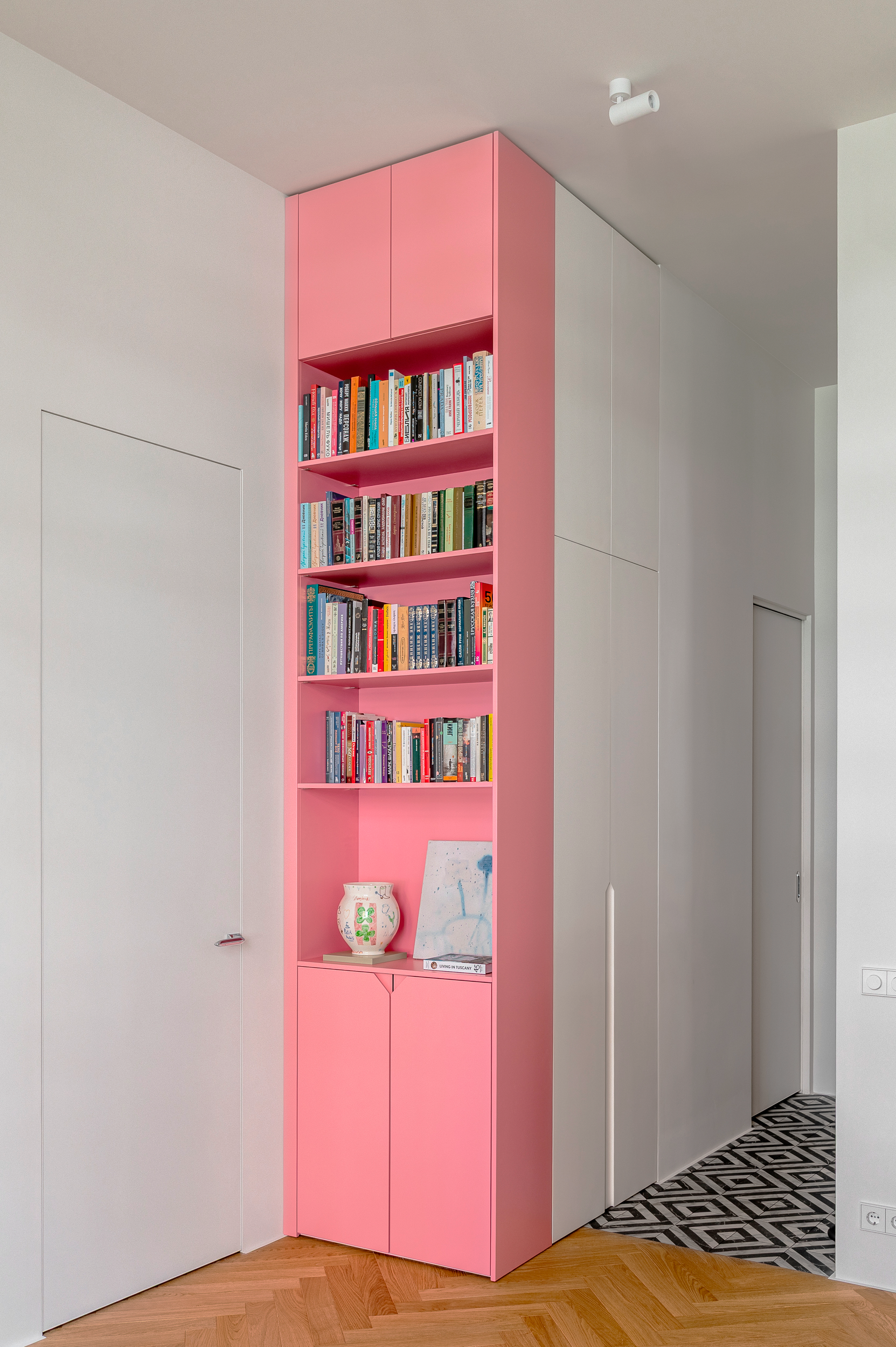 Tall pink bookcase in the living space