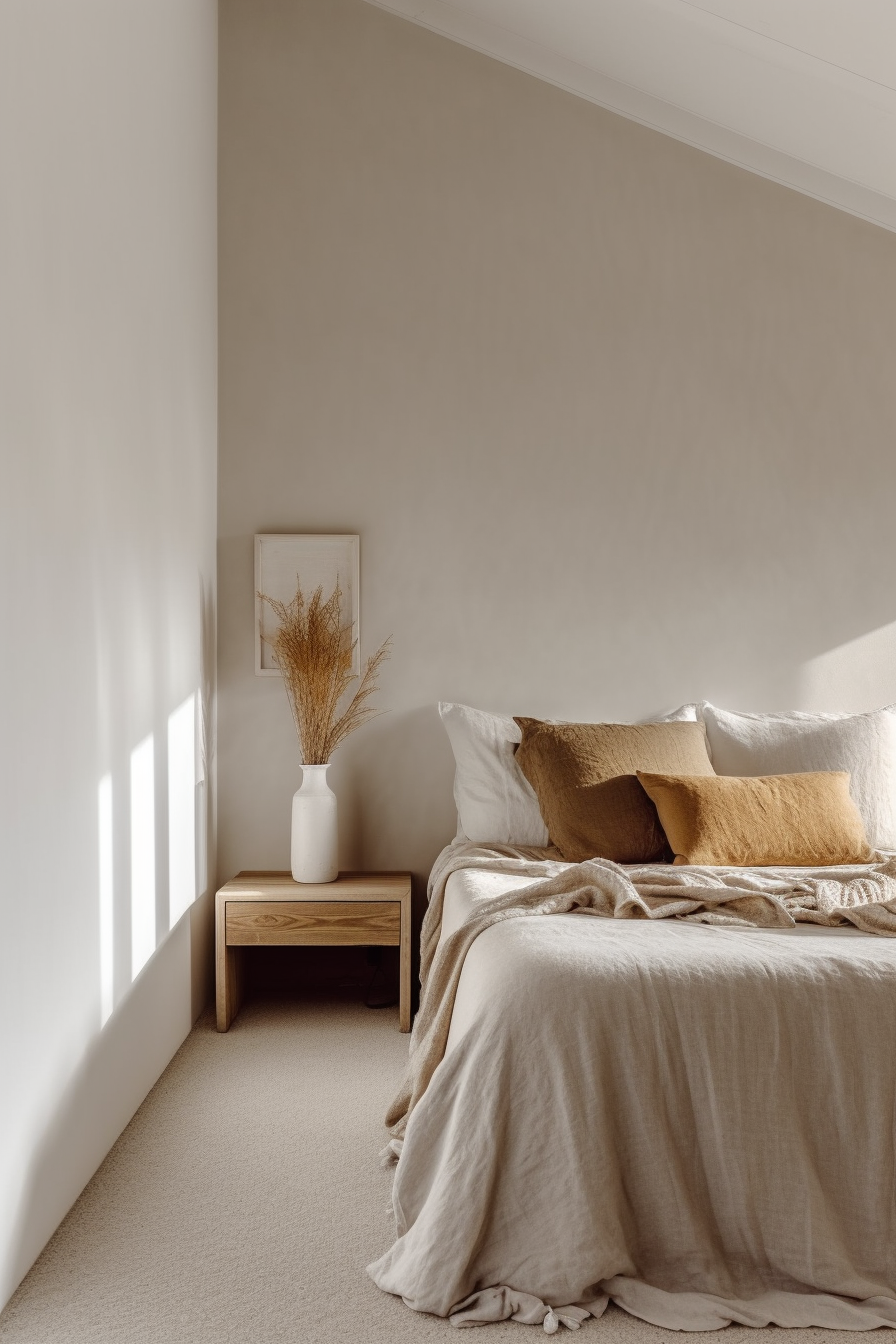 Дизайн виллы на Кипре: спальня в стиле ваби-саби, минимализм