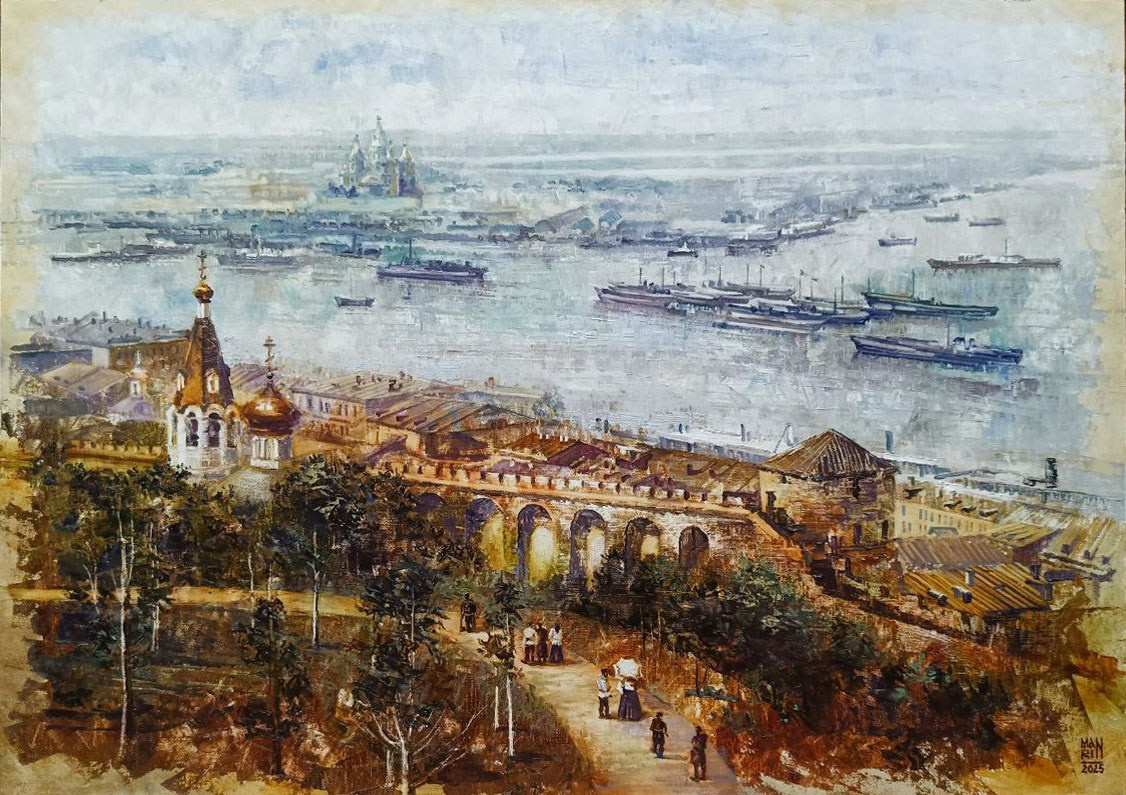 картины, интерьерные картины, картины маслом, масло, природа, живопись, Нижний Новгород, Старый Нижний, город, картина с Нижнем Новгородом, корабль, теплоход, пароход, панорама, виды Нижнего, старина, ретро стиль, нижегородские виды