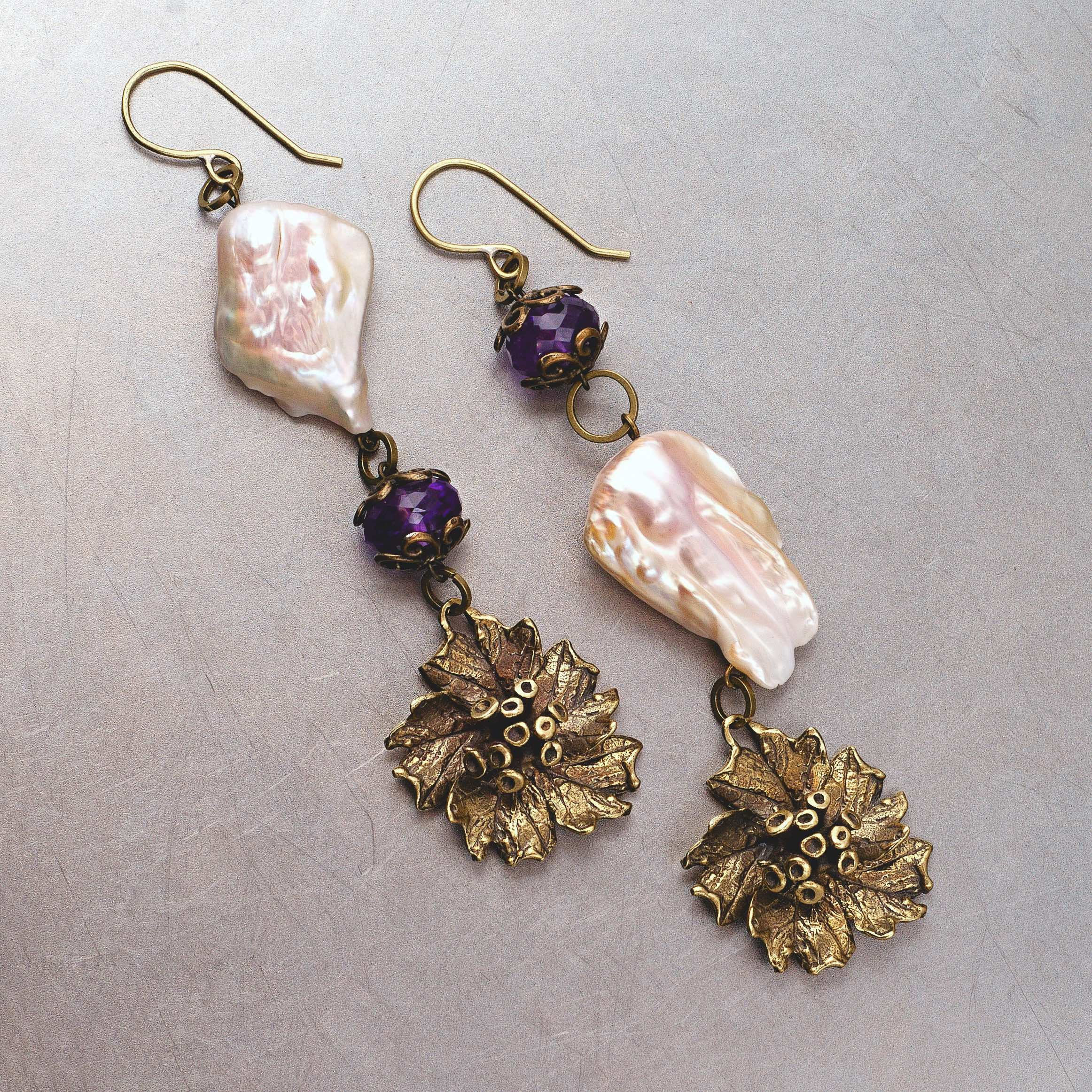 серьги цветы с жемчугом и аметистами