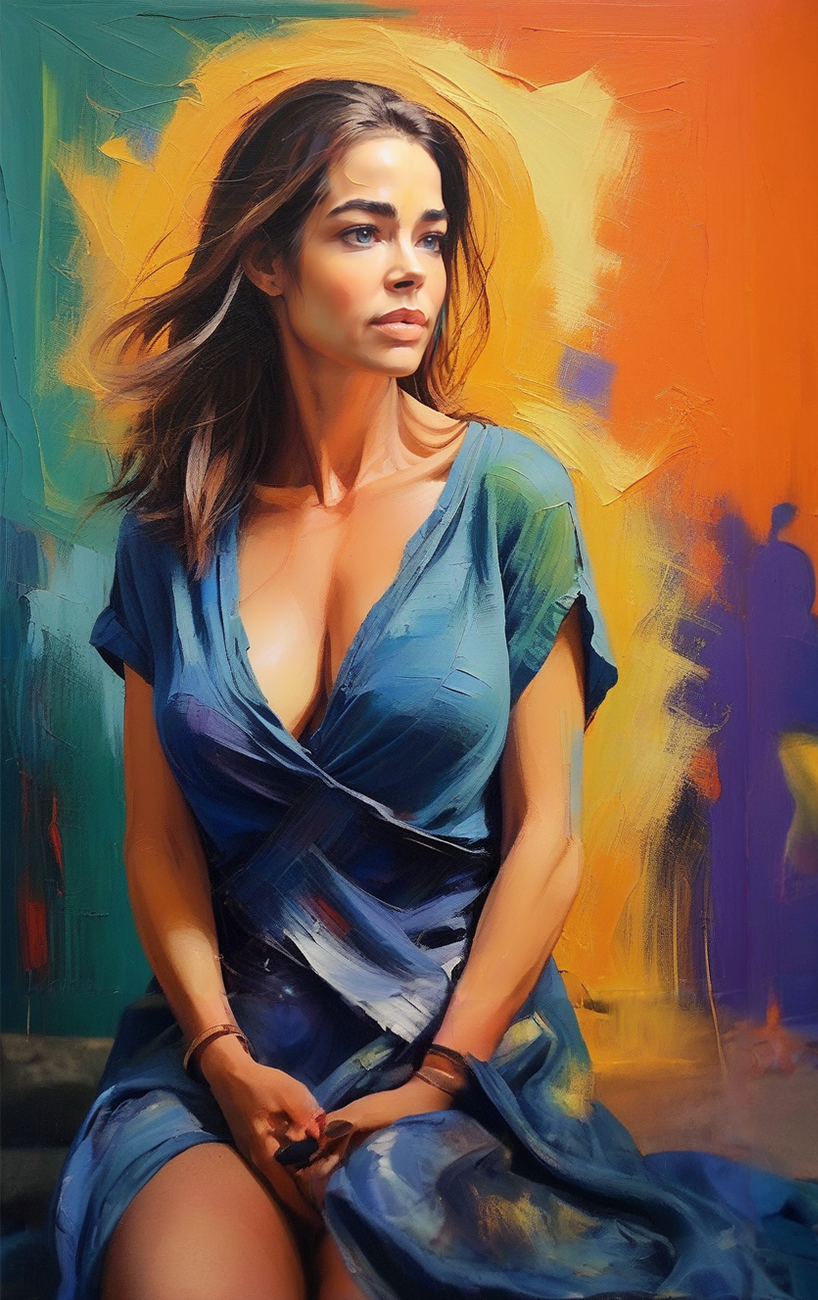 Стилизация под масляную живопись. Портрет девушки в синем платье. Девушка внимательно смотрит в сторону.