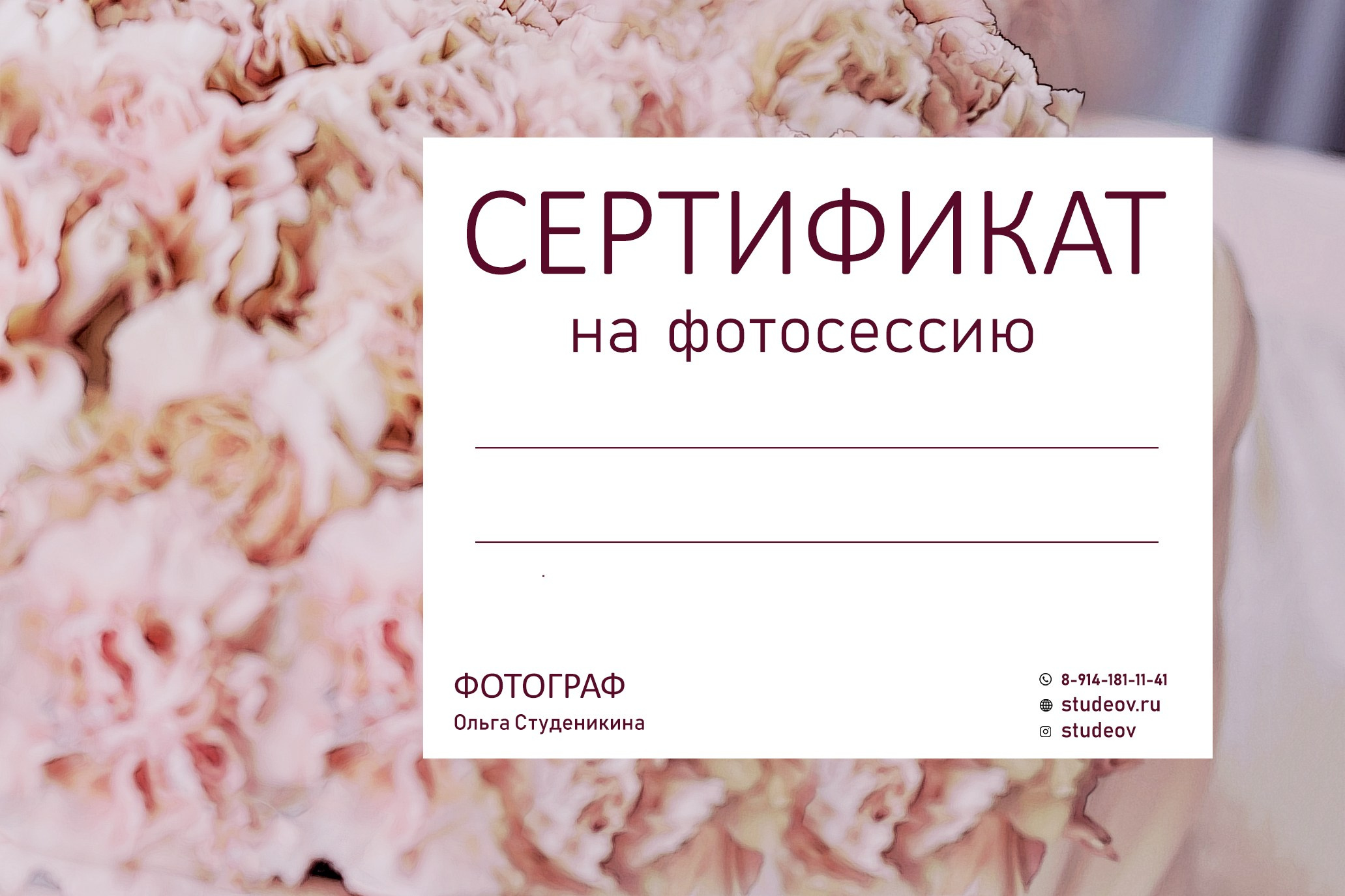 Сертификат. Фотограф-психолог в Хабаровске Ольга Студеникина