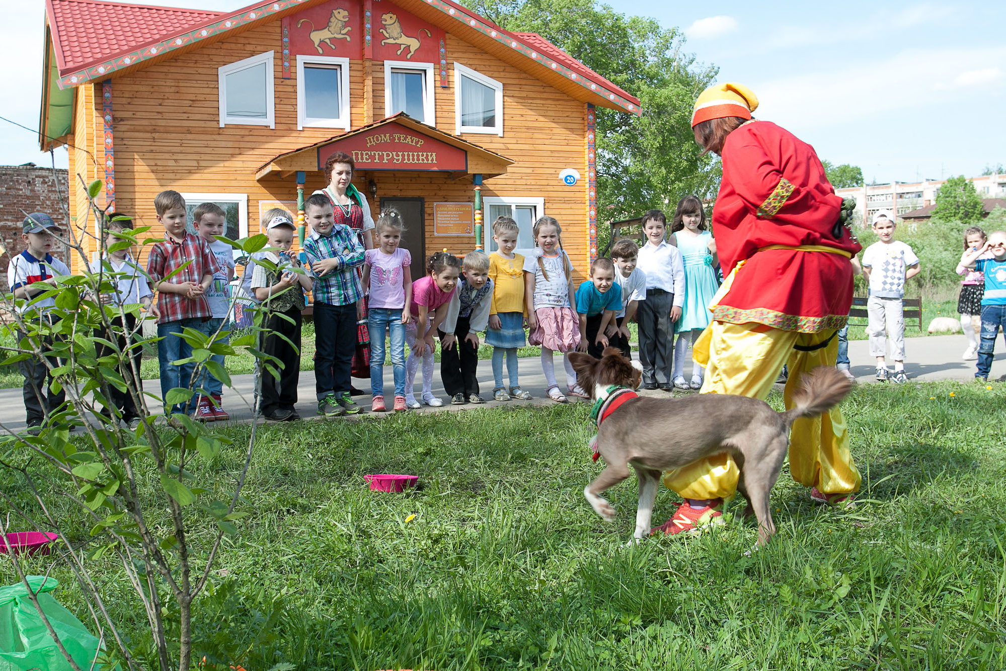 петрушка с собакой выступает перед ребятами 7 лет.