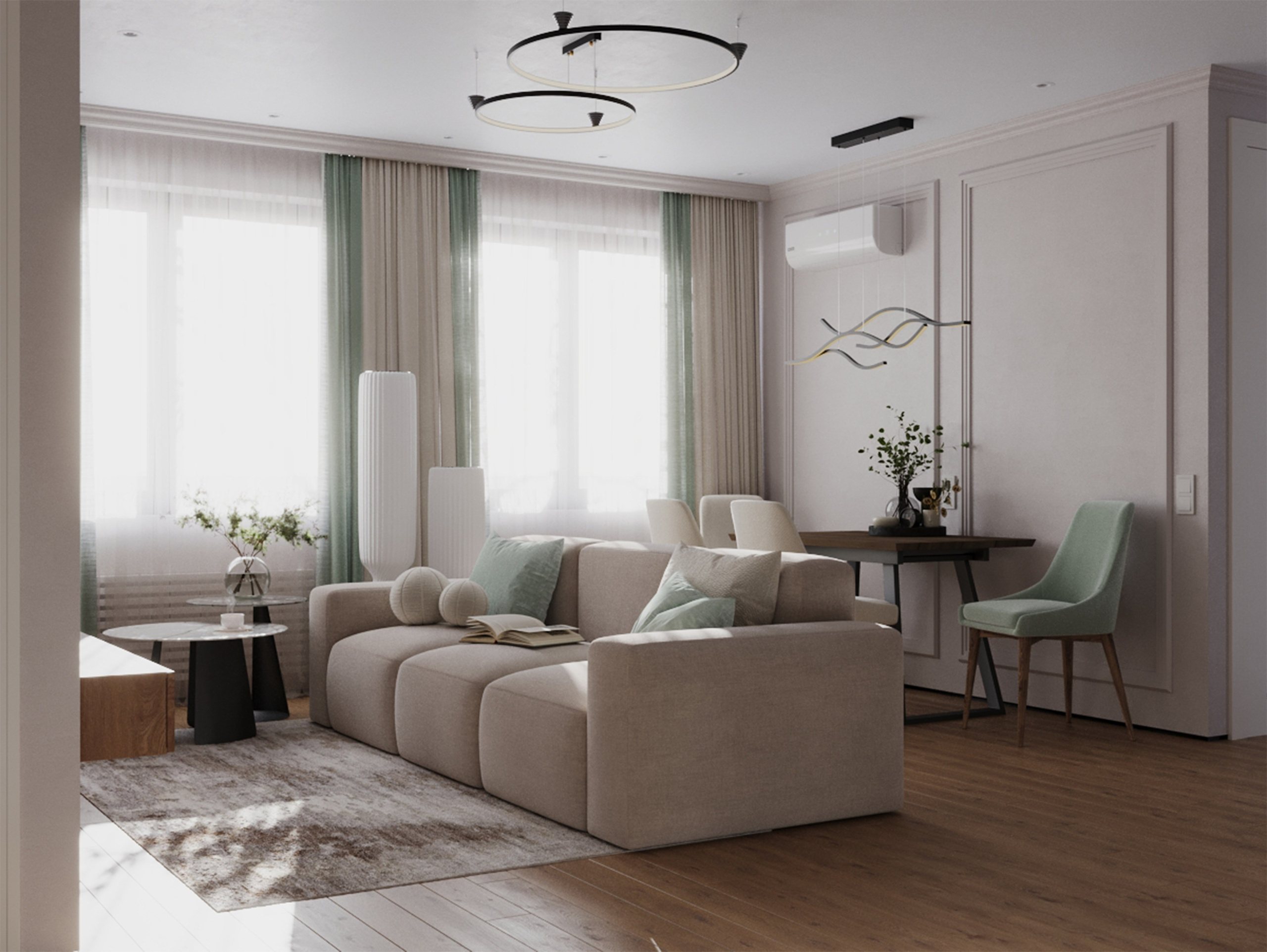 3D-визуализация кухни-гостиной первого варианта квартиры Истраград