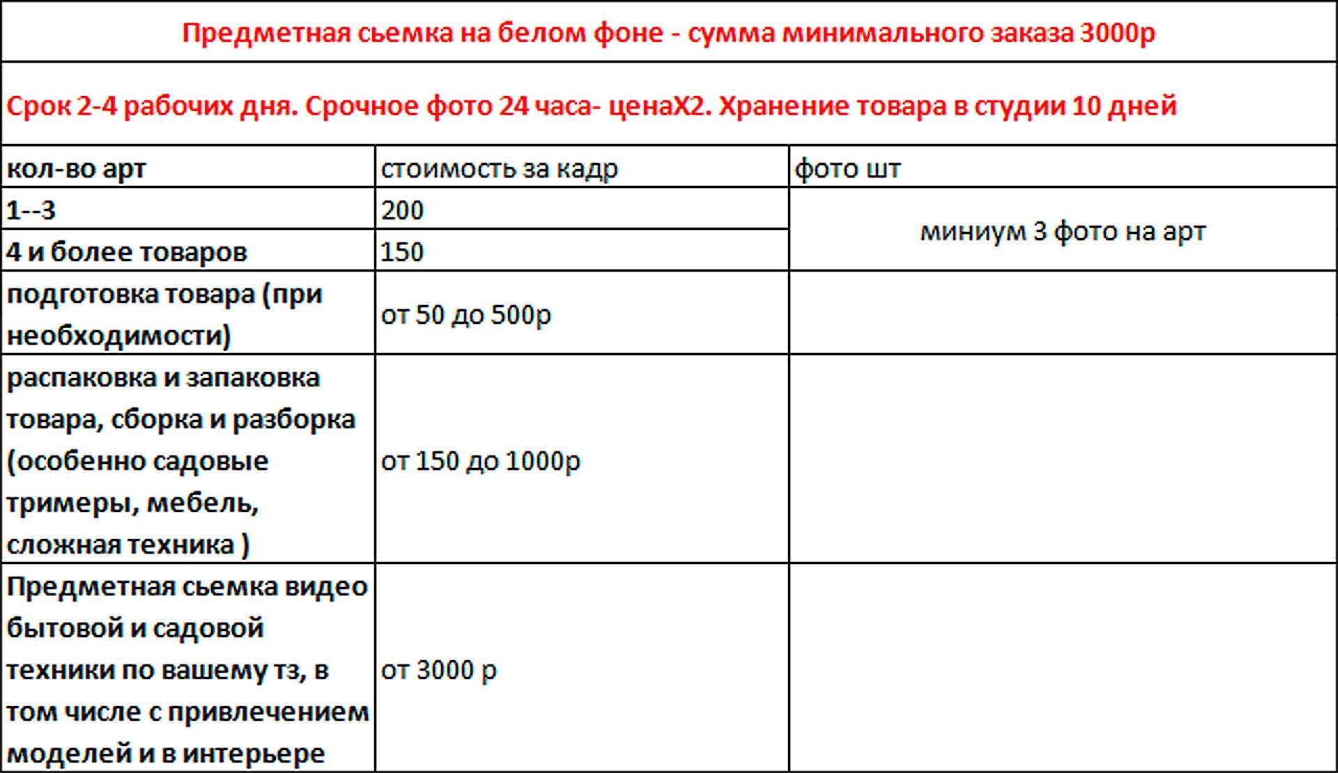 Услуги и цены. Фото для маркетплейс