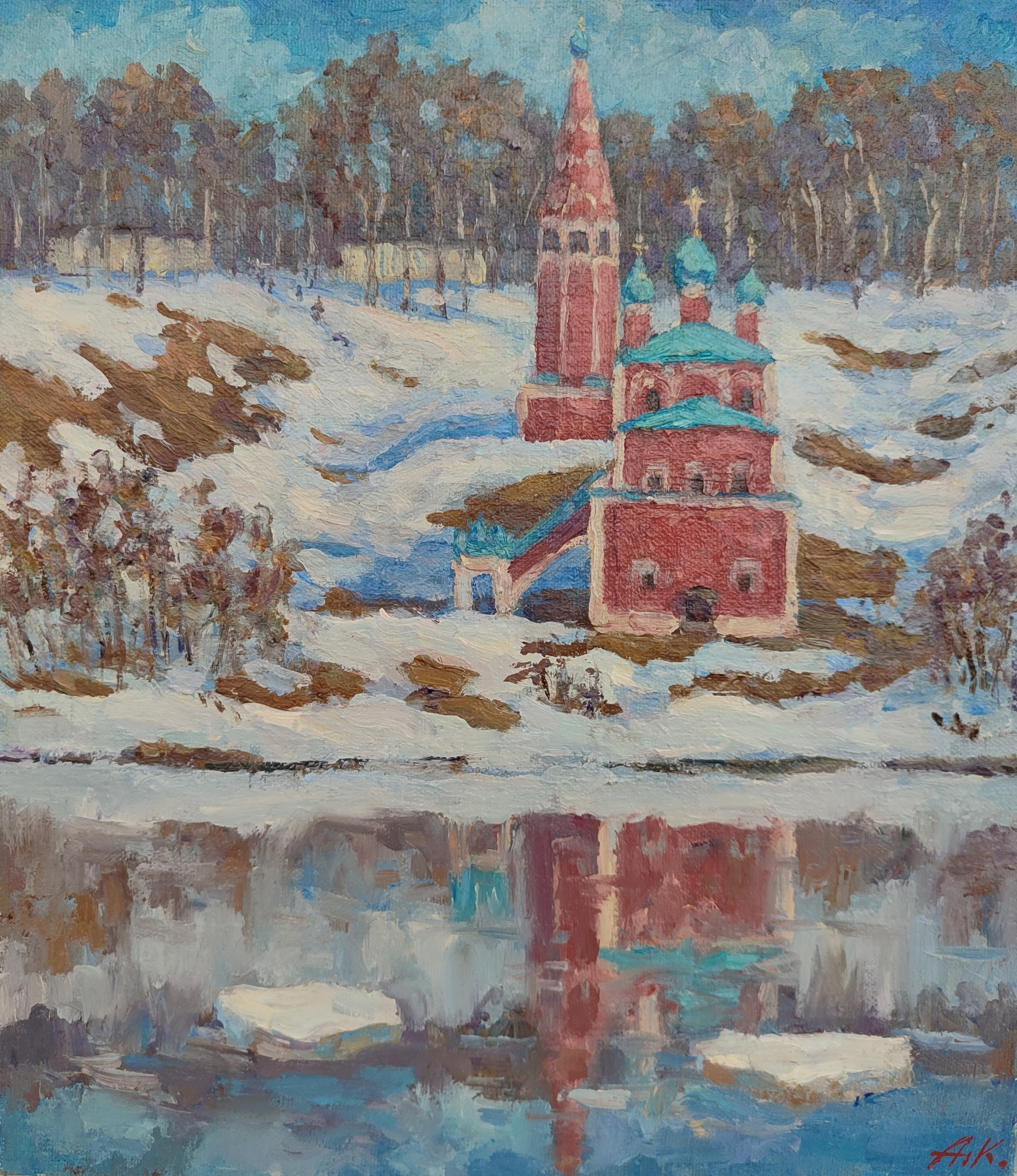 Яркий весенний пейзаж с красивой русской церковью на берегу и тающим снегом - купить картину маслом