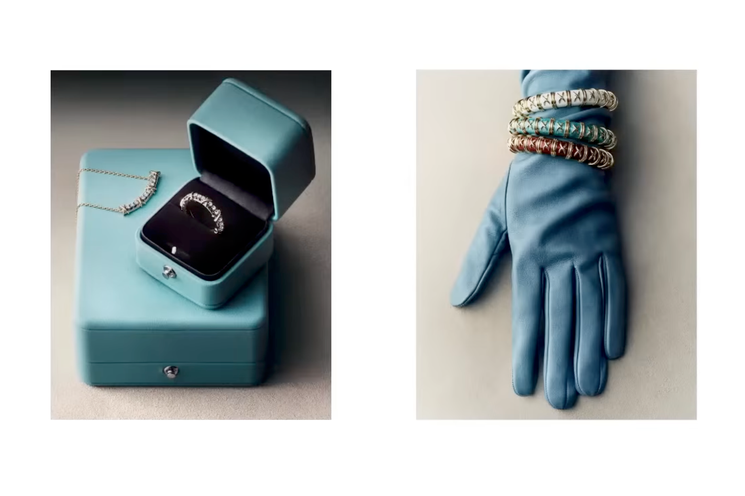Арт-предметная фотография Tiffany & Co: ювелирные изделия в фирменных голубых коробках и браслеты на кожаной перчатке. Пример имиджевой подачи бренда — мягкий свет, плёночная фактура и тёплая атмосфера «воспоминания».