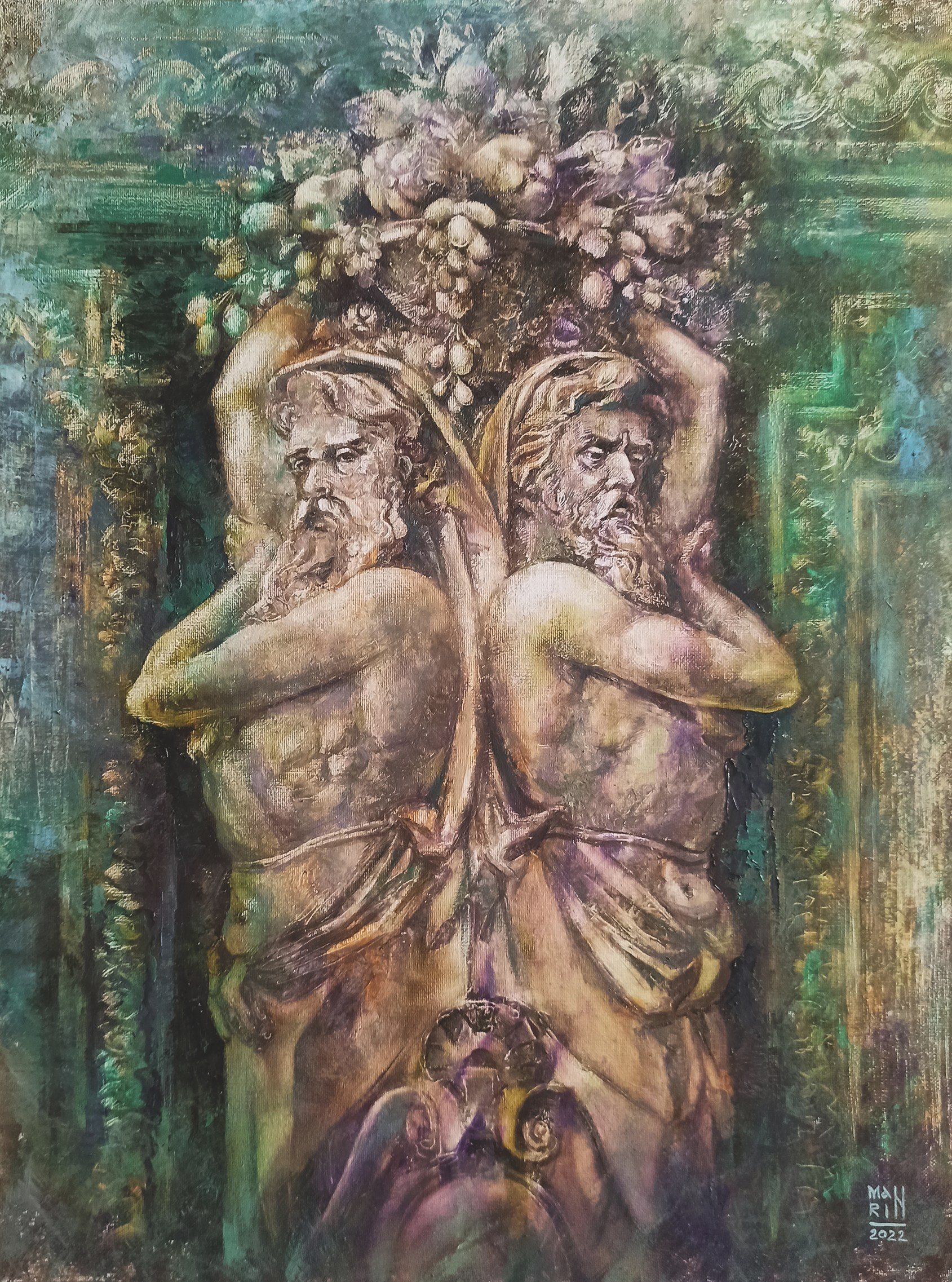 Нижний Новгород, старый Нижний,картины с Нижнем Новгородом, художник Марина Новосельская, ретро, картина в подарок, нижегородские художники, достопримечательности Нижнего Новгорода, кариатида, усадьба Рукавишникова, скульптура, атланты