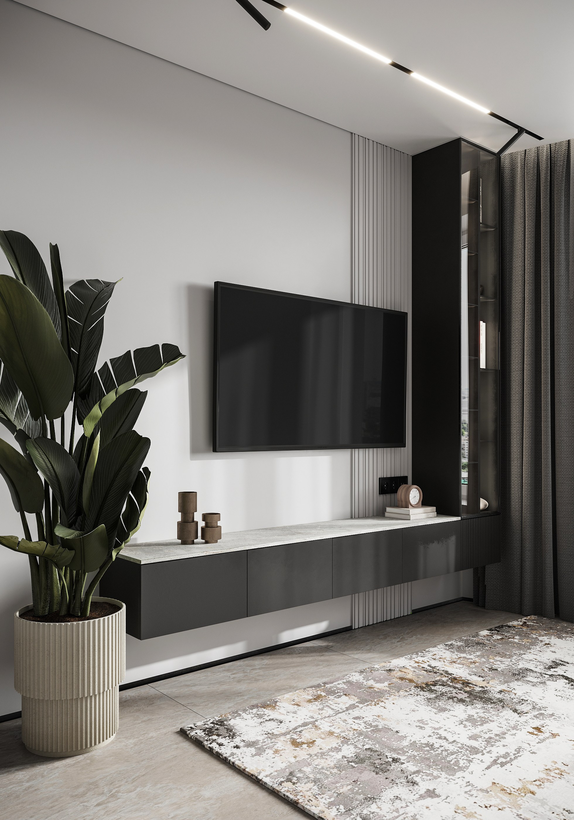 Функциональная ТВ-зона с подвесной тумбой. Удобный подвесной шкафчик с фасадами